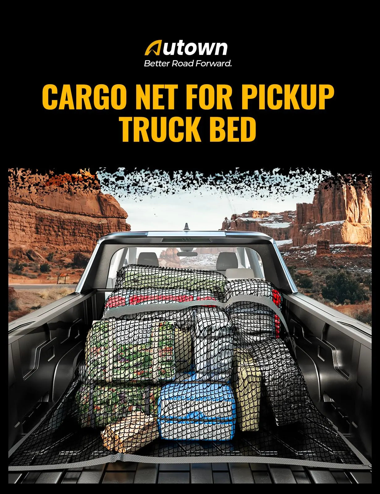 AUTOWN Cargo Net for Pickup Truck Bed - Stretchable 4'x4' to 7'x7', High Elastic Fine Mesh 1''x1'' with 8 Metal Carabiners - Ideal for ATV, SUV, UTV, Truck and Boat Use (Single Layer)