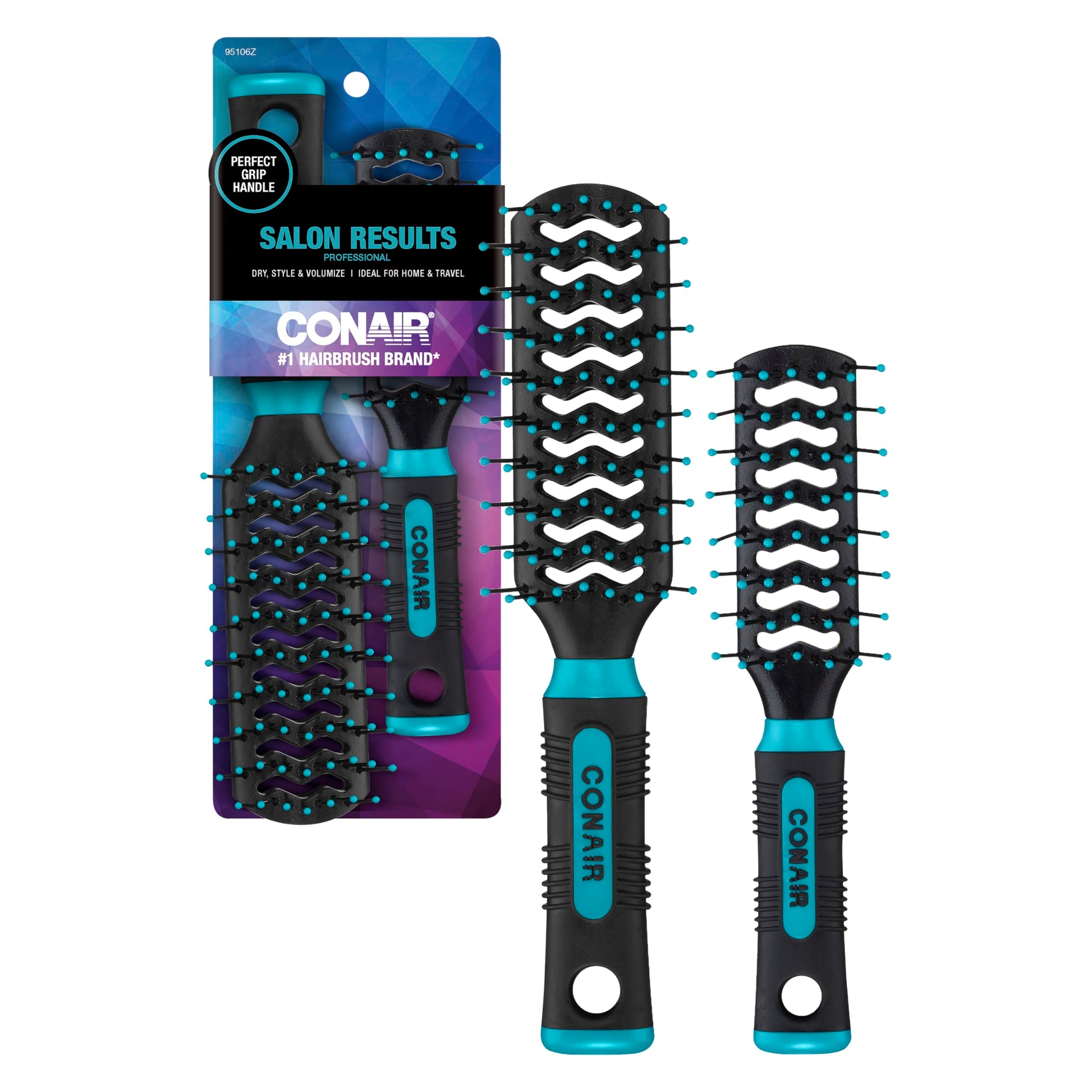 Conair Grip & Lift Vent Hairbrush 2PK, Full-Size and Mid-Size Brush Set, Nylon Bristle Hairbrushes for Blowout Styling, Value Pack