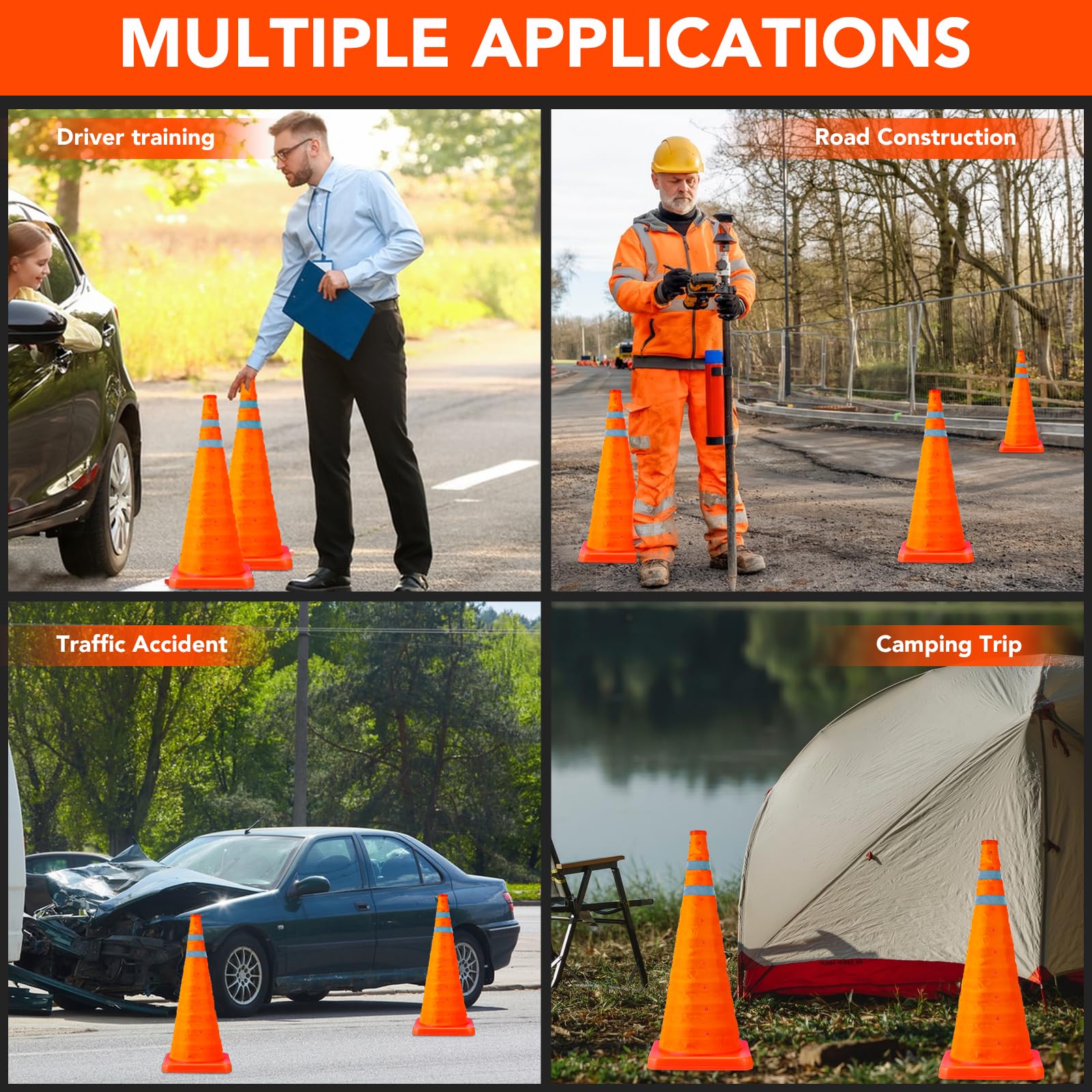 [2 Pack]28 Inch Collapsible Traffic Safety Cones - Parking Cones with Reflective Collars, Orange Safety Cones for Parking lot, Driveway, Driving Training etc