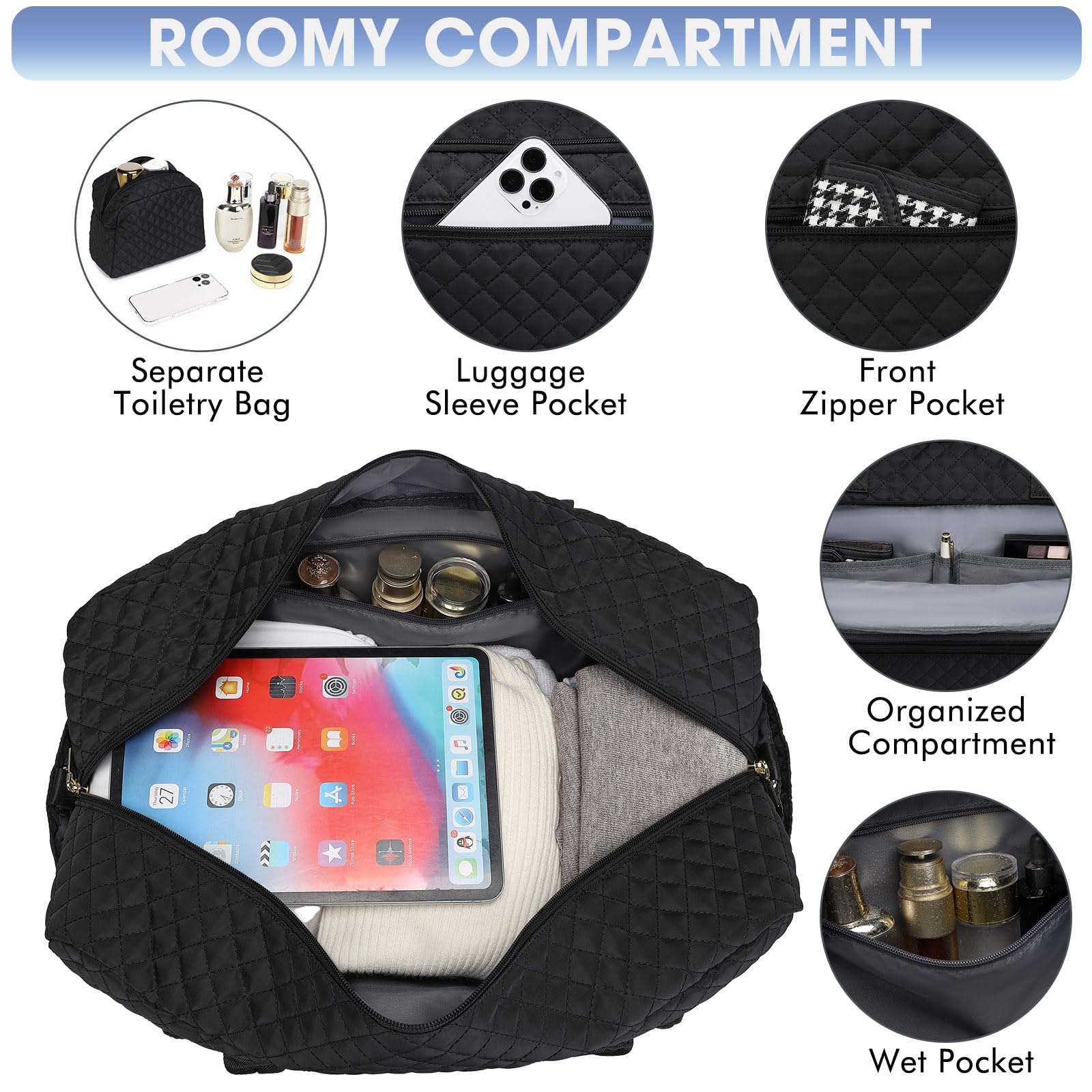 Large Women Travel Duffle Bag - Carry on Overnight Bag Weekend Travel Duffel Tote Bag Yoga Gym Bag with Wet Pocket Toiletry Weekender Overnight Bag for Travel Business Trips Sport Hospital Black