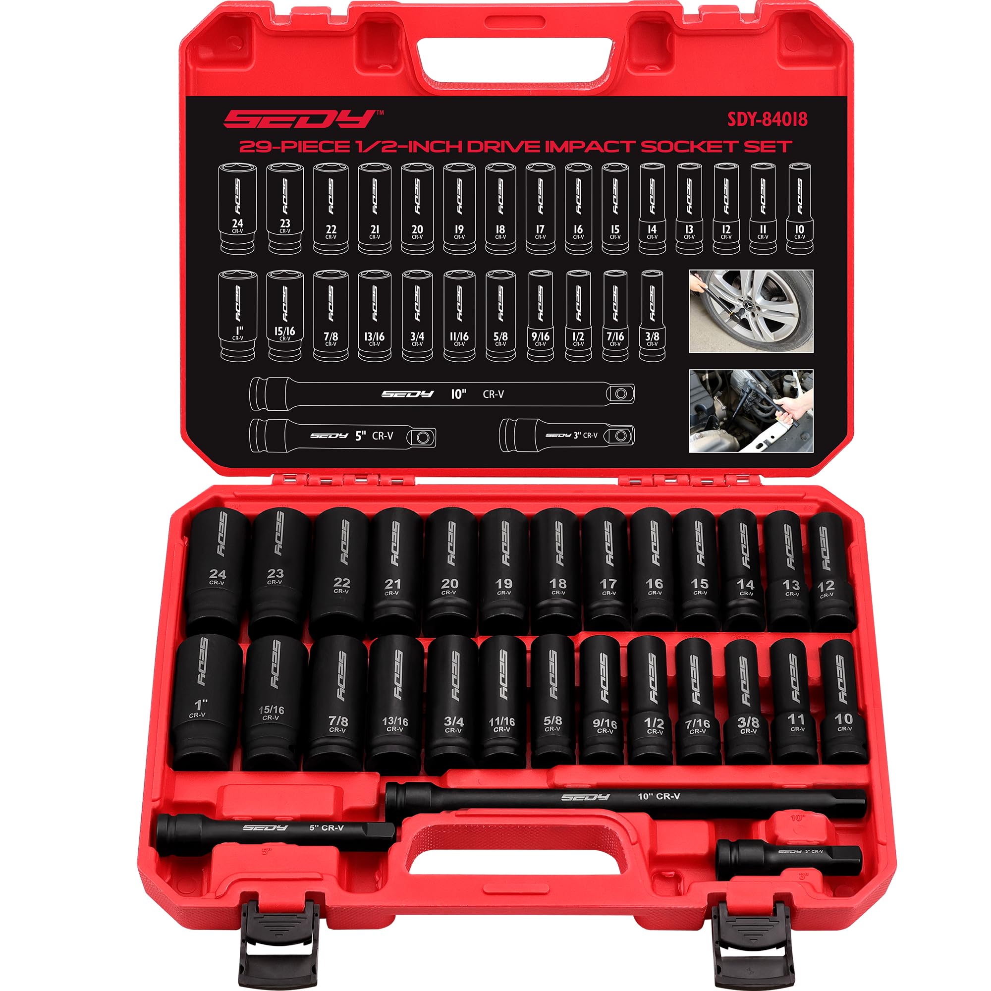 29-teiliger 1/2-Zoll-Schlagschraubernuss-Satz, SAE (3/8 bis 1 Zoll) und metrische Größen (10-24 mm) mit Verlängerungen, Standard-Tiefnuss-Satz aus CR-V-Material, hohe Haltbarkeit, Schlagschrauber