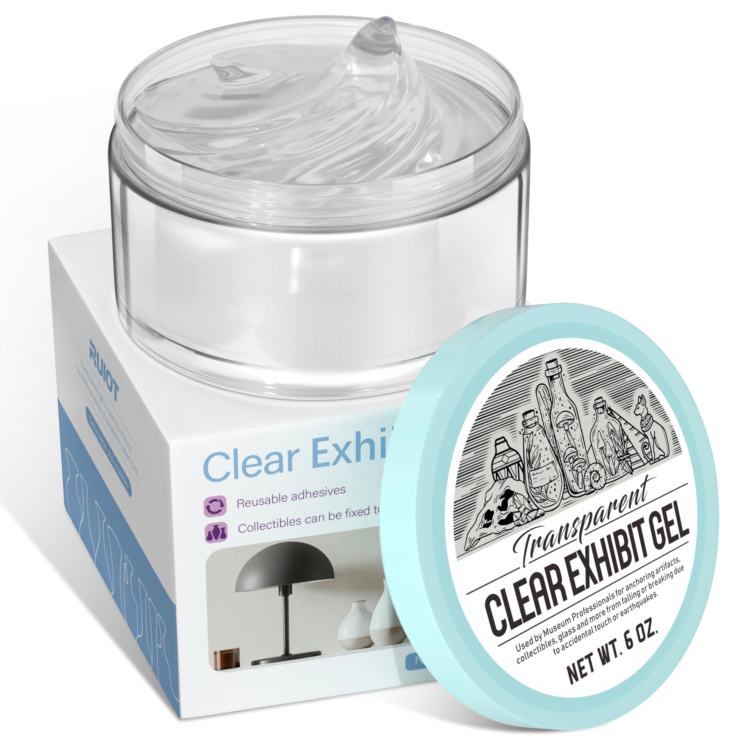 6 oz Exhibit Gel for Museum Exhibits, Removable Clear Exhibit Wax for Museum Collections, Reusable Exhibit Putty for Antiques, Glass, Ceramic and Action Figures.