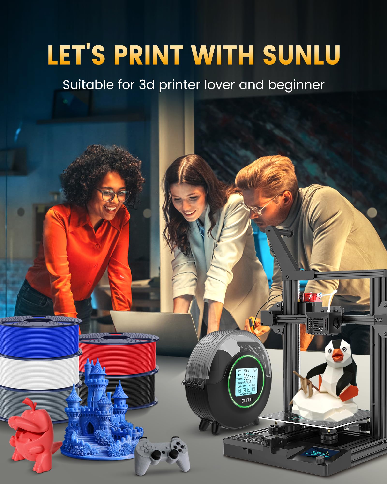 SUNLU PLA+2.0 3D Printer Filament Bundle, 4KG Upgrade PLA+ Filament 1.75mm, Tougher and Stronger, Dimensional Accuracy +/-0.02mm, 1KG per Spool, 4 Packs, 4KG Total, Black
