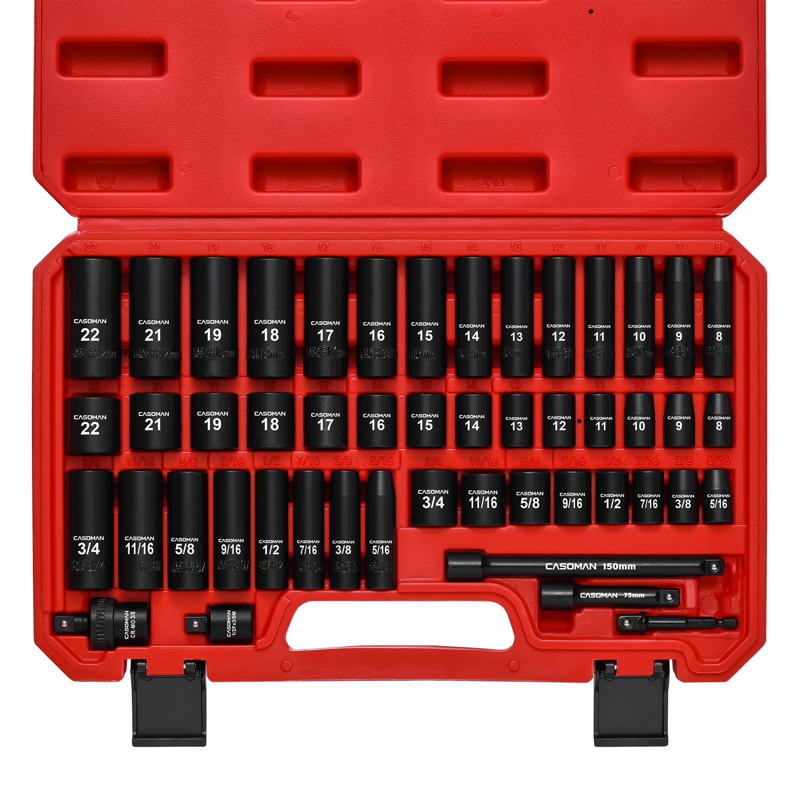 CASOMAN 3/8" Antrieb Schlagschrauber-Steckschlüsselsatz, 49-teilig, Standard SAE und metrische Größen (5/16-Zoll bis 3/4-Zoll und 8-22 mm), 6-Punkt, Cr-V Stahl Steckschlüsselsatz