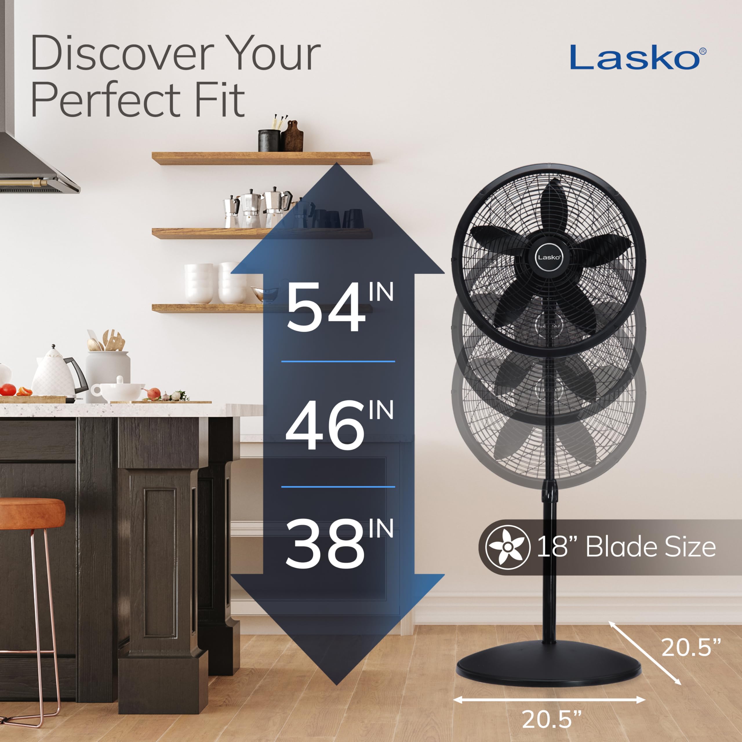 Lasko Pedestal Fan, Oscillating Fan for Bedroom with Adjustable Height and 3 Cooling Speeds, Portable, 18", Black, 1827