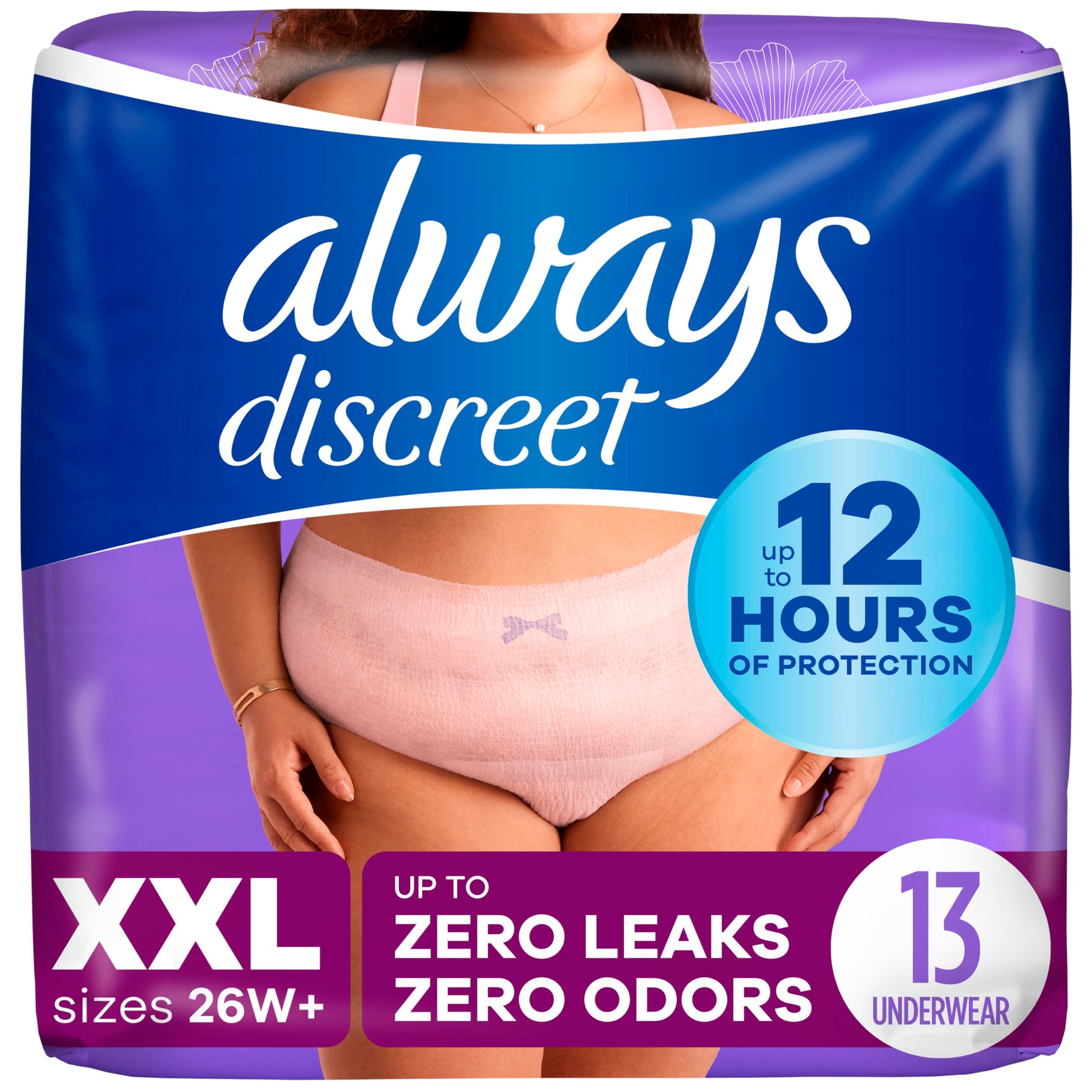 Always Discreet Adult Incontinence Underwear for Women and Postpartum Underwear, XXL, Up to 100% Bladder Leak Protection, 13 Count