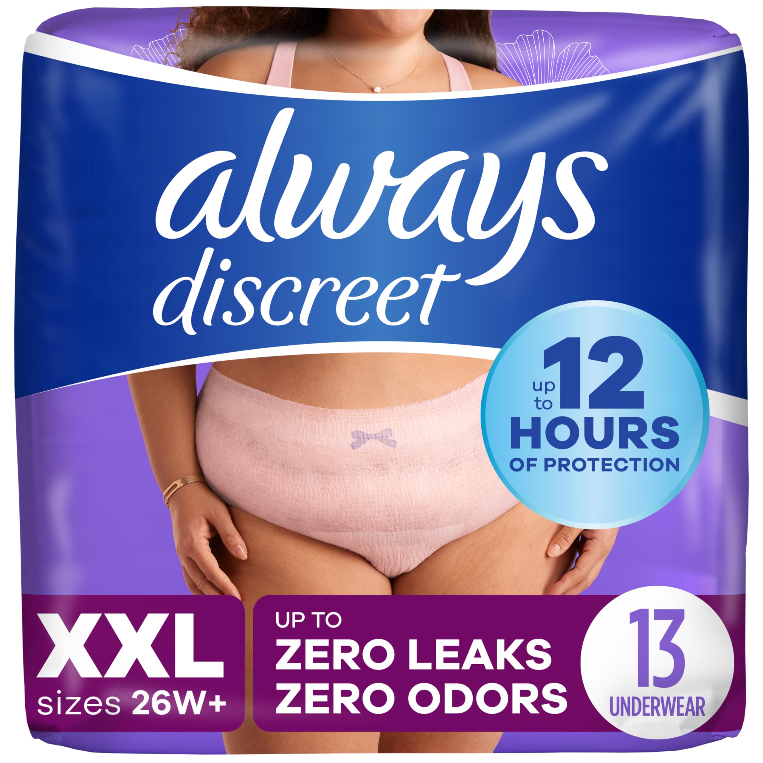 Always Discreet Adult Incontinence Underwear for Women and Postpartum Underwear, XXL, Up to 100% Bladder Leak Protection, 13 Count