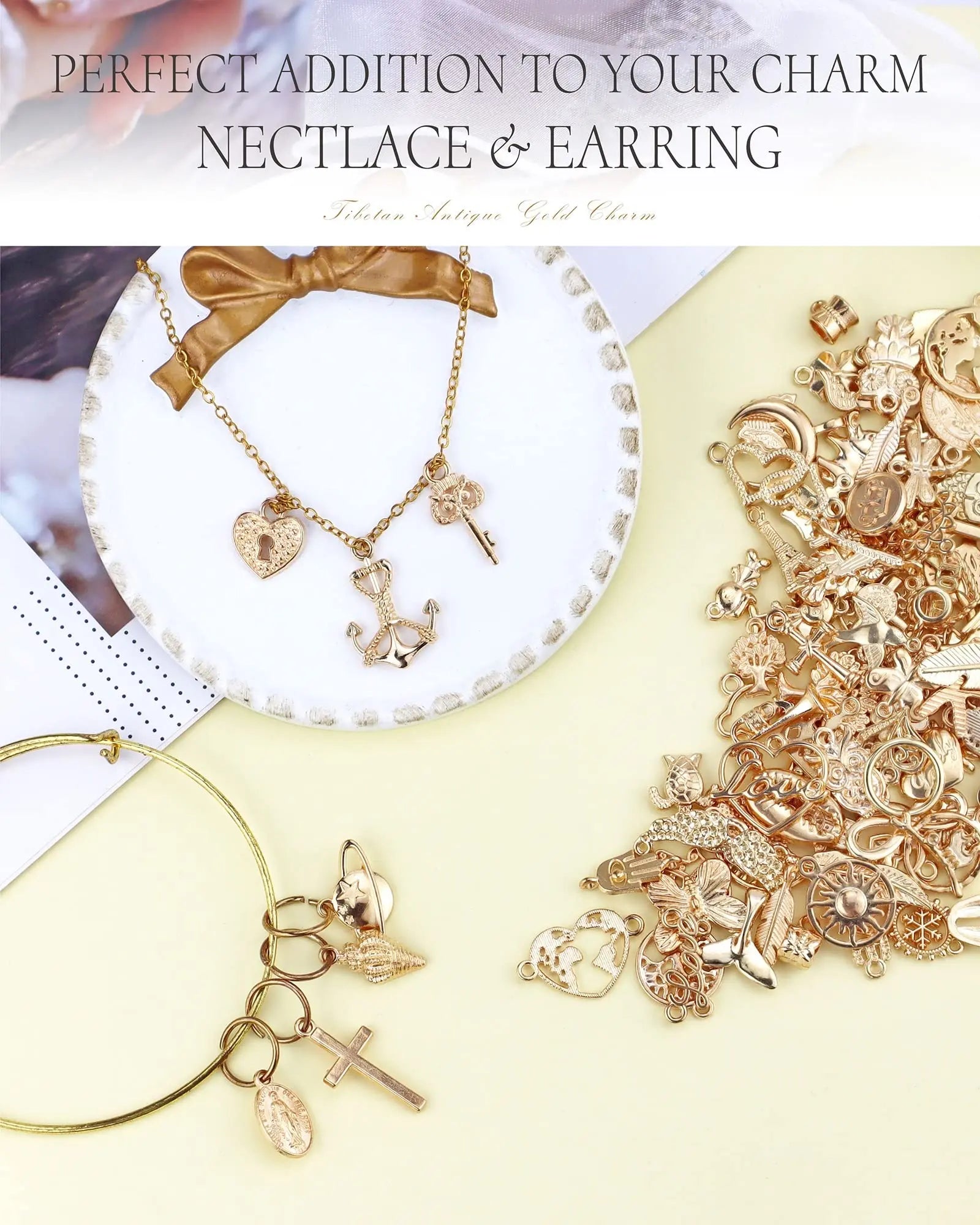 YETOOME 100 Pcs Wholesale Bulk Lots Jewelry Making Charms, Mixed Golden KC Gold Alloy Charms Pendants for Necklace Bracelet Jewelry Making and Crafting supplies