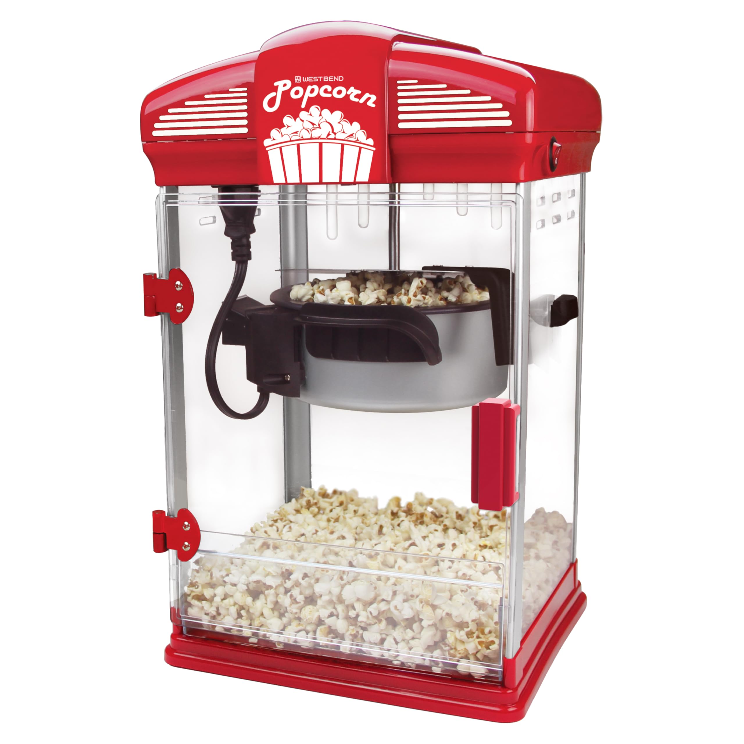 West Bend Stir Crazy Popcornmaschine, Popcorn Maker Maschine mit Antihaft-Popcornkessel, Messlöffel und Popcornschaufel für Popcornmaschine, 4 Liter, Rot