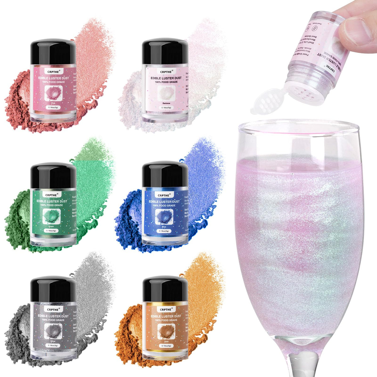 CRPTHE 6 Farben Glitzerstaub, essbar, Glitzer für Cocktails, lebensmittelechter Glitzer-Schimmer-Streupulver für Getränke, Backwaren, Kuchen, Erdbeeren, Kekse, Fondant, vegan (5g/Flasche)