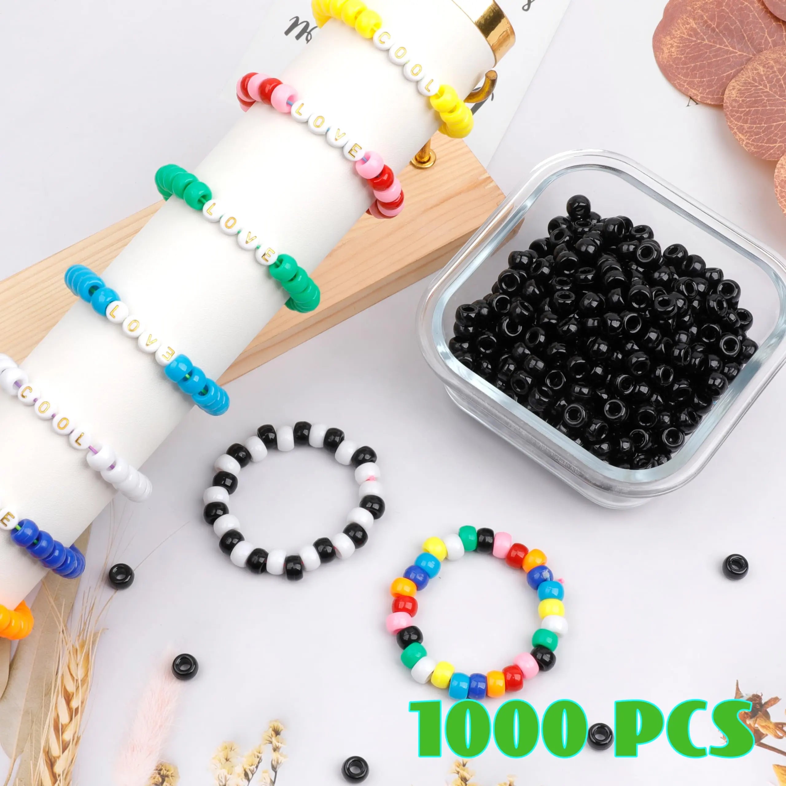 Auvoau 1000Pcs Pony Beads Bracelet 9mm Black Plastic Barrel Pony Beads for Necklace,Hair Beads for Braids,Key Chain,Jewelry Making (Black)