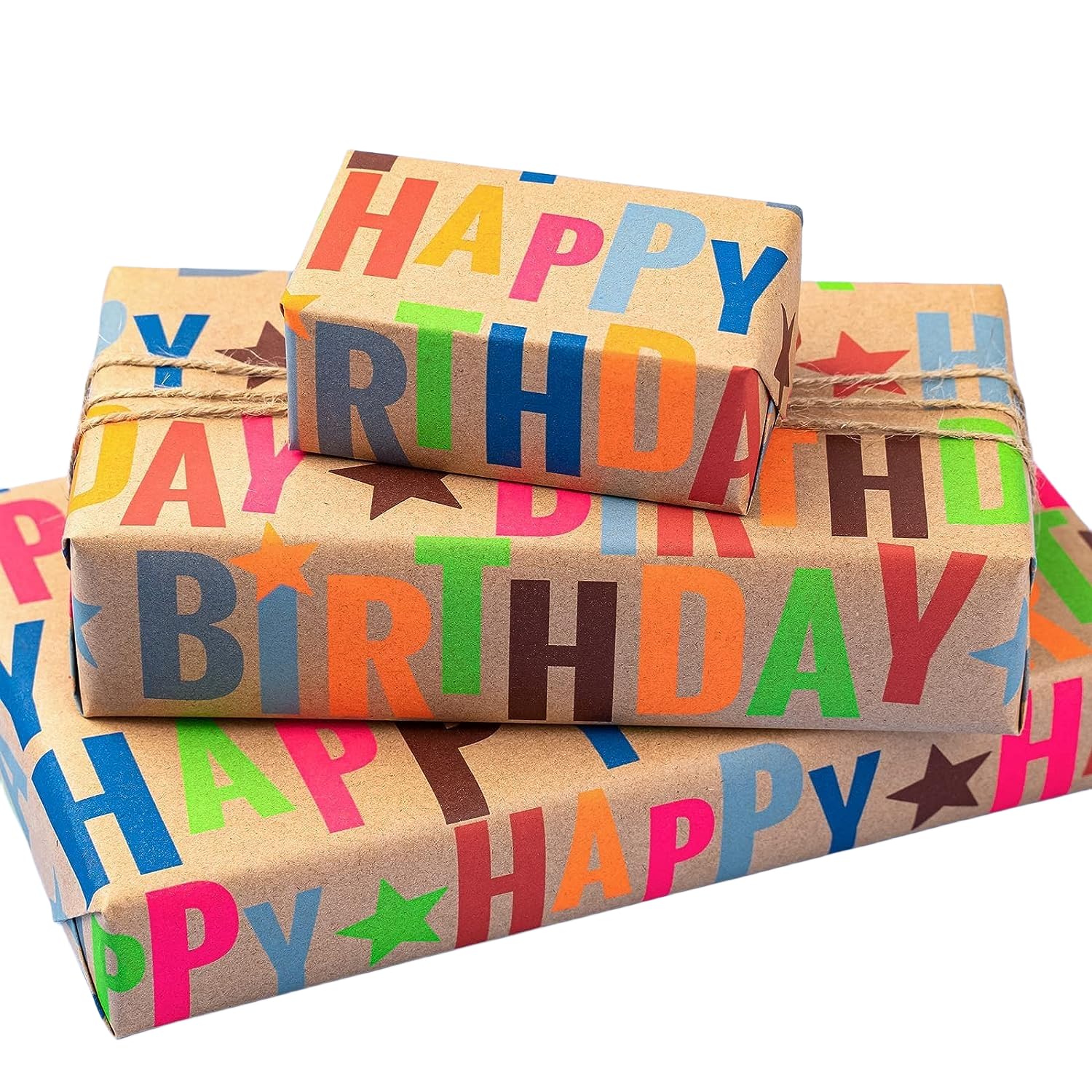 BIOBROWN لفة ورق تغليف كرافت، تصميم ملون بنص "Happy Birthday" مثالي لتغليف هدايا أعياد الميلاد والعطلات، مقاس 17 بوصة × 33 قدمًا