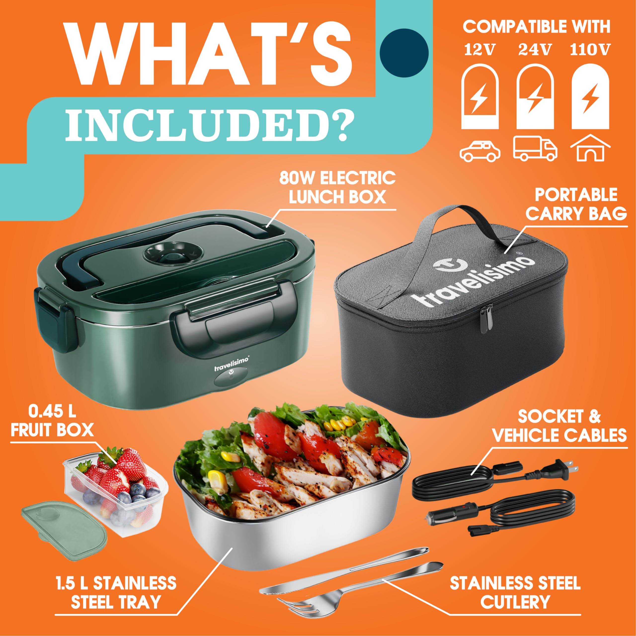 TRAVELISIMO Electric Lunch Box for Adults, 80W Heated Lunch Box 1.5L Stainless Steel Portable Food Warmer, 12/24/110V Lonchera Electrica Portatil for Travel & Work, Loncheras para Hombres de Trabajo