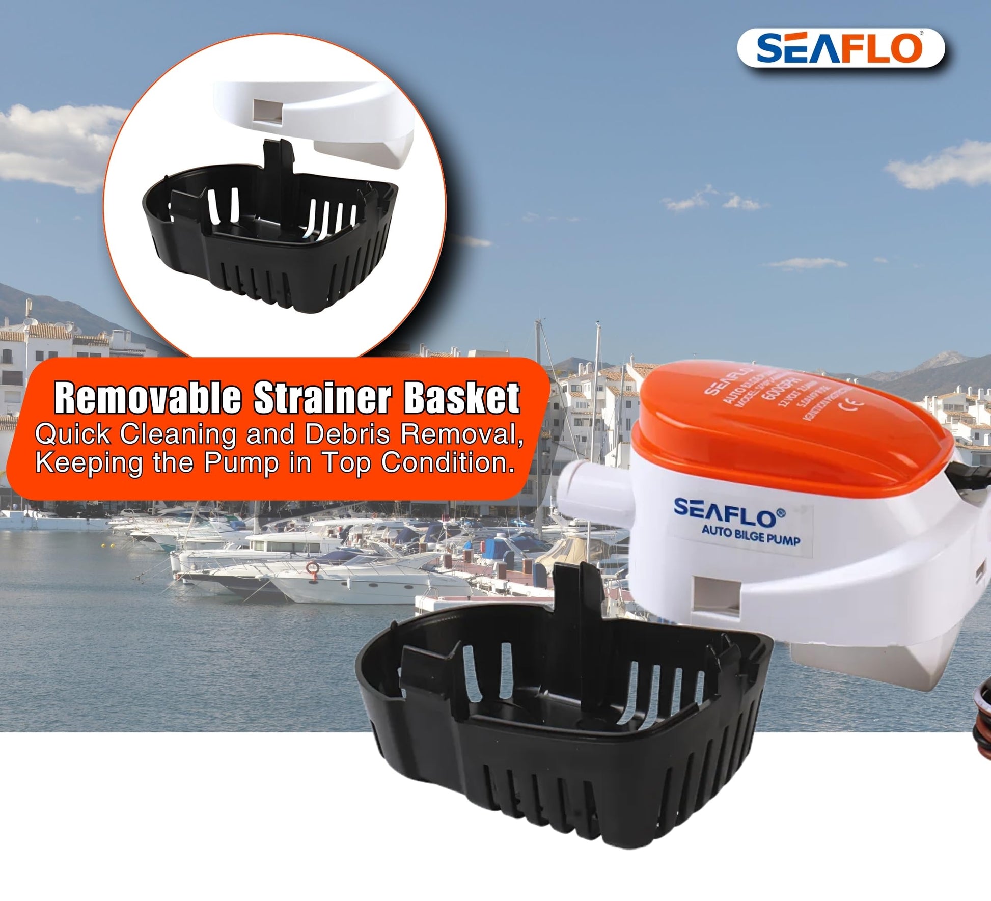 SEAFLO 06 Series Automatic Submersible Bilge Pump - 750GPH, 12V, 3/4" Outlet, 4-Year Warranty! All-in-One Pump and Float Switch, Snap-Off Strainer, Compact for Marine Boat Yacht, CE Rohs Certified