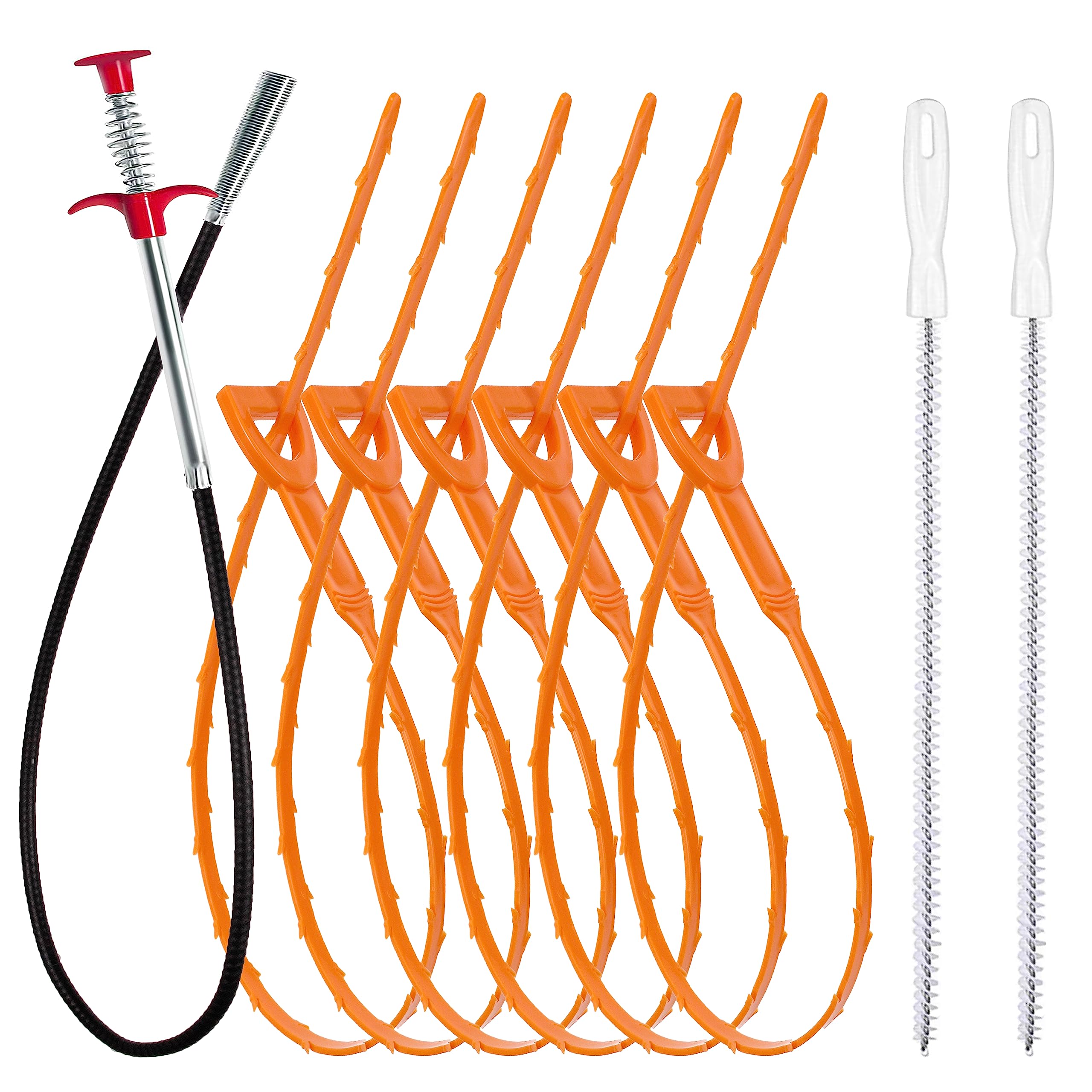 35.5inch Drain Clog Remover(1pcs), 25inch Drain Snake Hair Remover(6pcs) Cleaning Brush(2pcs), Hair Catcher Drain Auger Cleaner Tool Set For Toilet, Kitchen Sink, Bathroom Tub, Sewer, 9 Pack