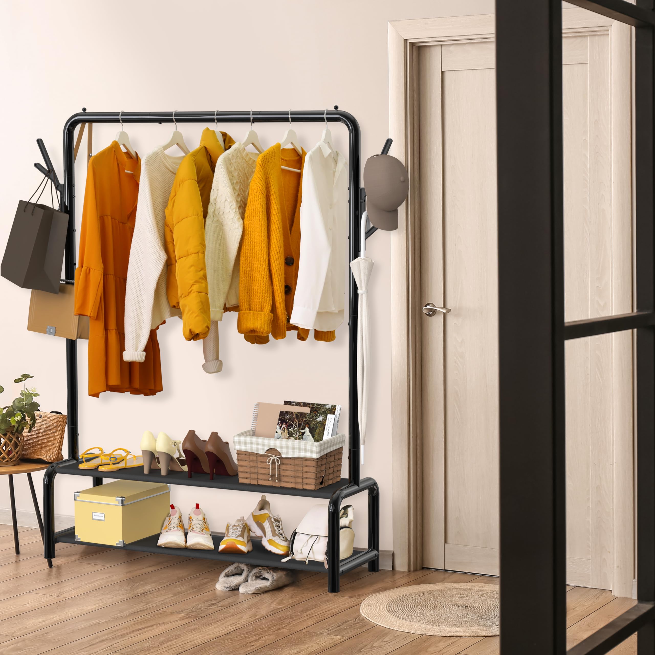 Simple Houseware 52-Inch Freestanding Closet Garment Rack with Storage Shelves and Coat/Hat Hooks, Black