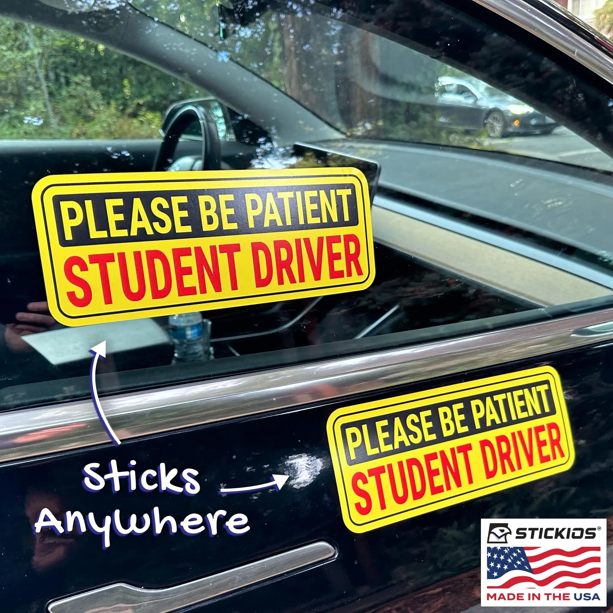 Stickios Non-Magnetic Student Driver Stickers - Removable Vinyl Decal Signs for Cars & Windows - Made in USA (10x4 inches, 2-Pack)