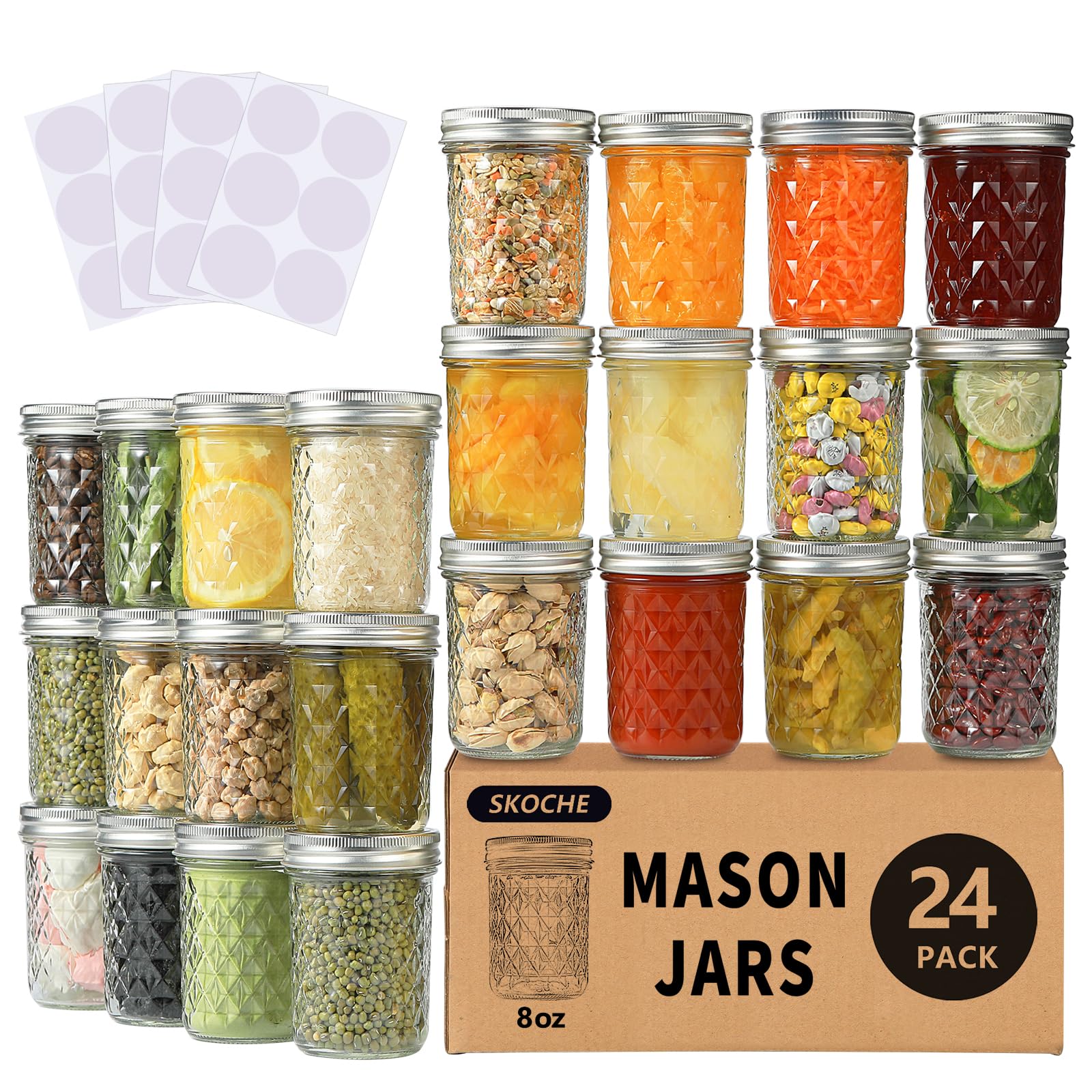 SKOCHE Einmachgläser 8 oz, 24 Stück, Half Pint Einweckgläser mit regulären luftdichten Deckeln und Bändern, kleine 8oz Gläser mit Deckel, ideal zum Fermentieren, Einlegen, für DIY-Dekorationen, Fruchtkonserven, Marmelade, Gelee