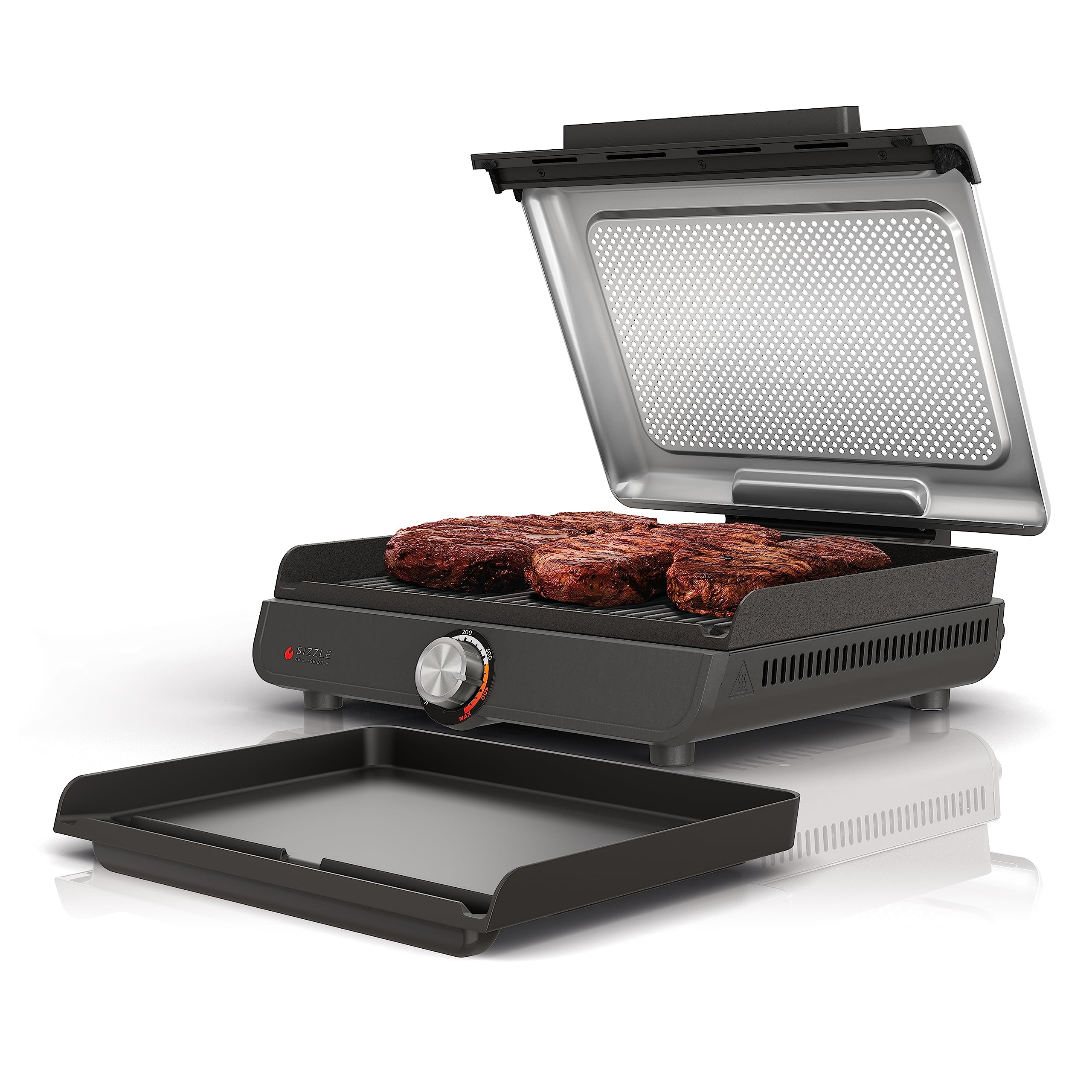Ninja Griddle und Indoor Grill, 35 cm, Elektrogrill, Für Steaks, Burger, Lachs, Gemüse und mehr, Pfannkuchenplatte, Antihaftbeschichtet, Spülmaschinenfest, 260 °C, Gleichmäßiges Garen, Silber, GR101