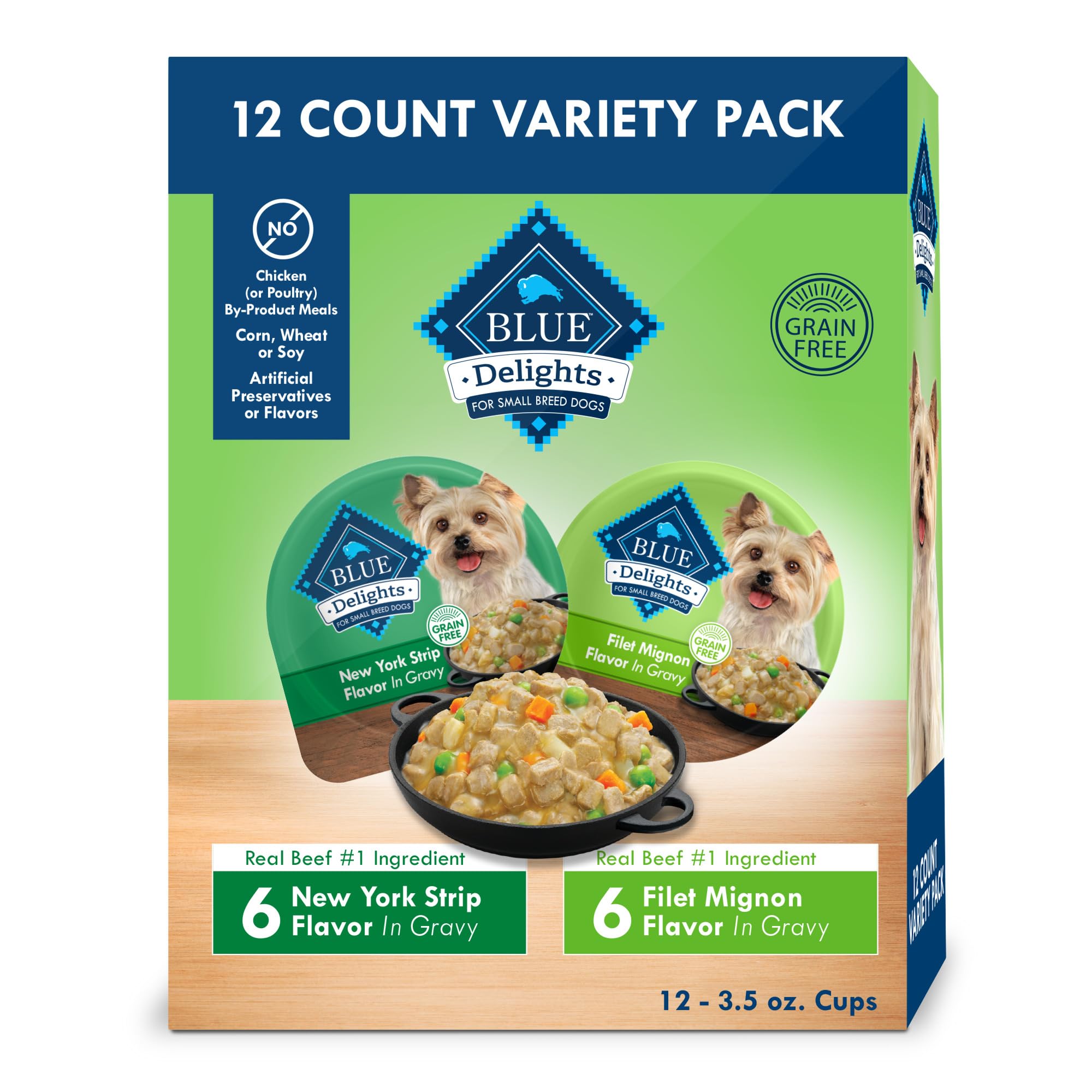 Blue Buffalo Delights Natural Adult Small Breed Wet Dog Food, Variety Pack, Made with Natural Ingredients, Filet Mignon & New York Strip Recipe in Hearty Gravy, 3.5-oz. Cups (12 Count, 6 of Each)