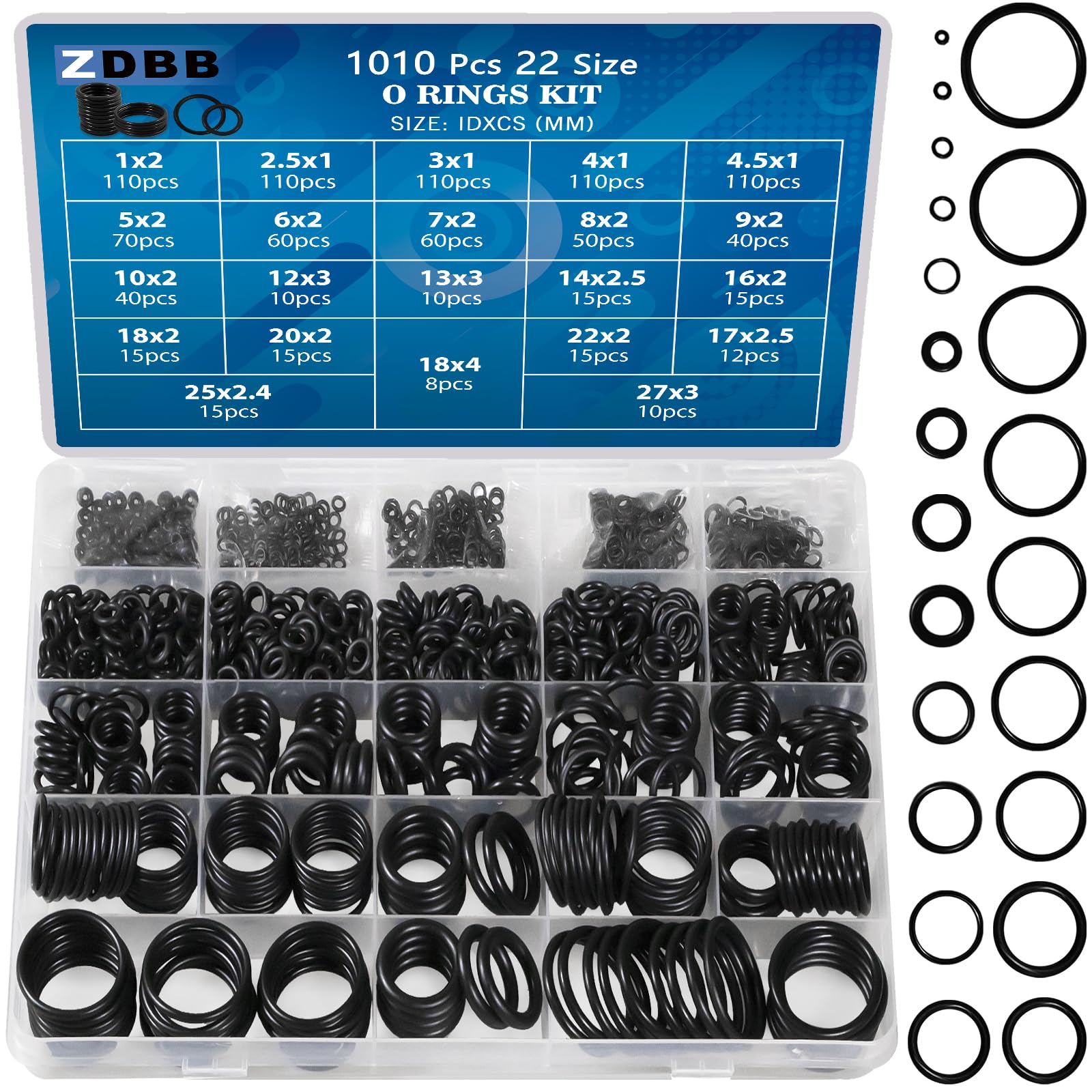 ZDBB 1010 Stücke Gummi O-Ringe Kit 22 Größen Universal O-Ring Sortiment Set für Automobil Wasserhahn Hochdruckreiniger Sanitärdichtung Reparatur, Luft- oder Gasanschlüsse, Öl- und Hitzebeständig