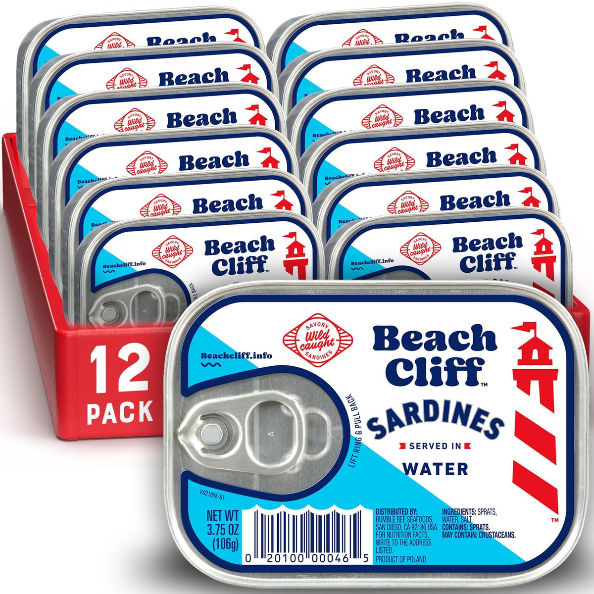 Beach Cliff Sardinen in Wasser, 106 g Dose (12er-Pack) – Wildfang-Sardinen – 12 g Protein pro Portion – Glutenfrei, Keto-freundlich