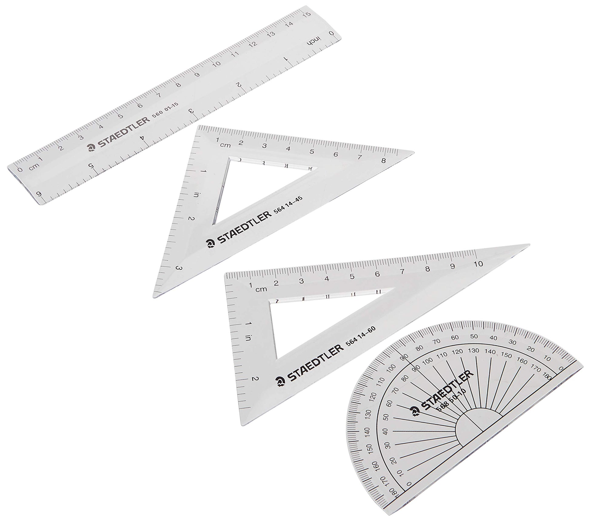 STAEDTLER Math Set - 4 pc Geometry Kit for Students - School Supplies with Clear Protractor, 6in Ruler & 2 Triangles – Metric & Imperial Scales