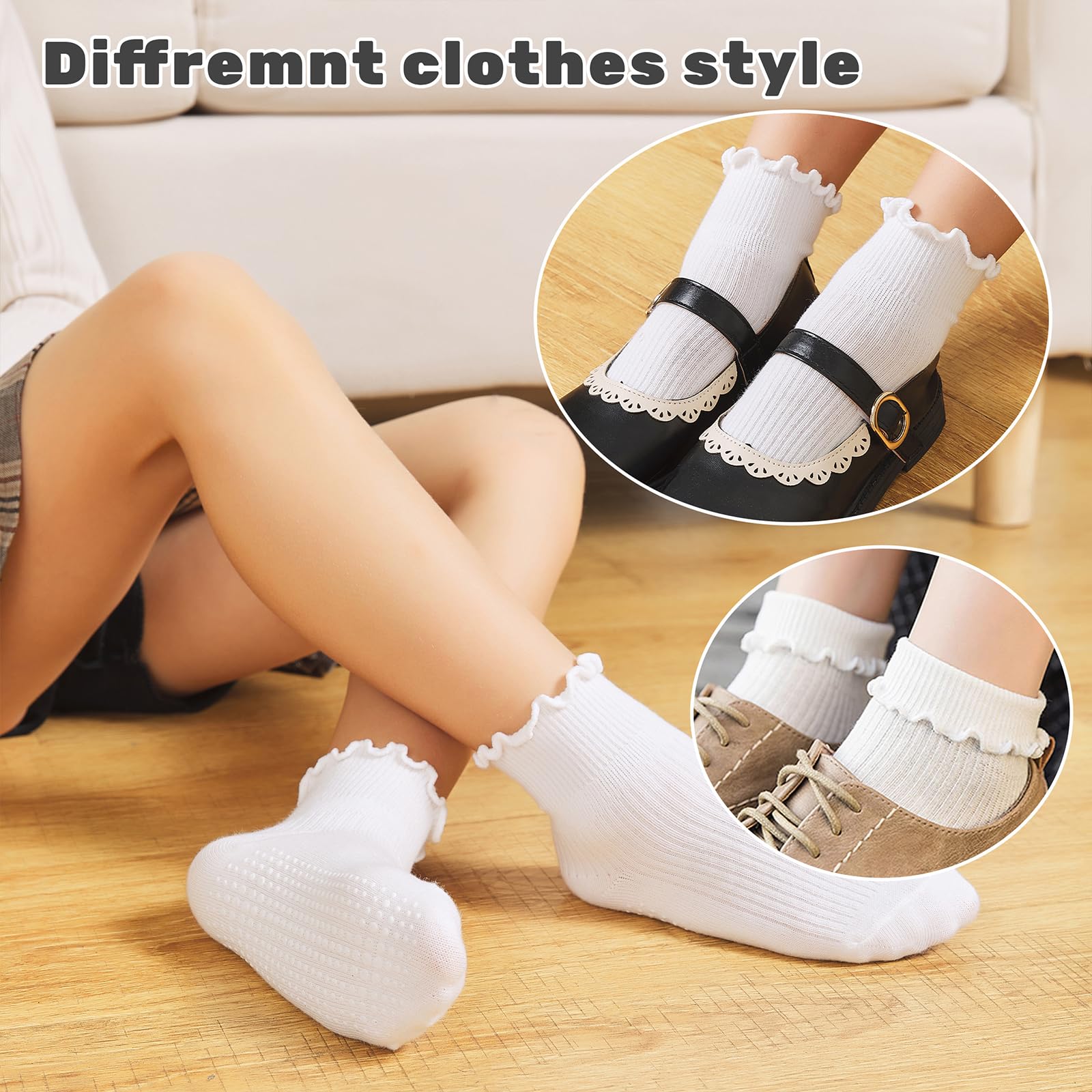 ANYANIME 6 Pairs Toddler Ruffle Socks for Girls - Baby Grip Non Slip Cute Grippy Frilly