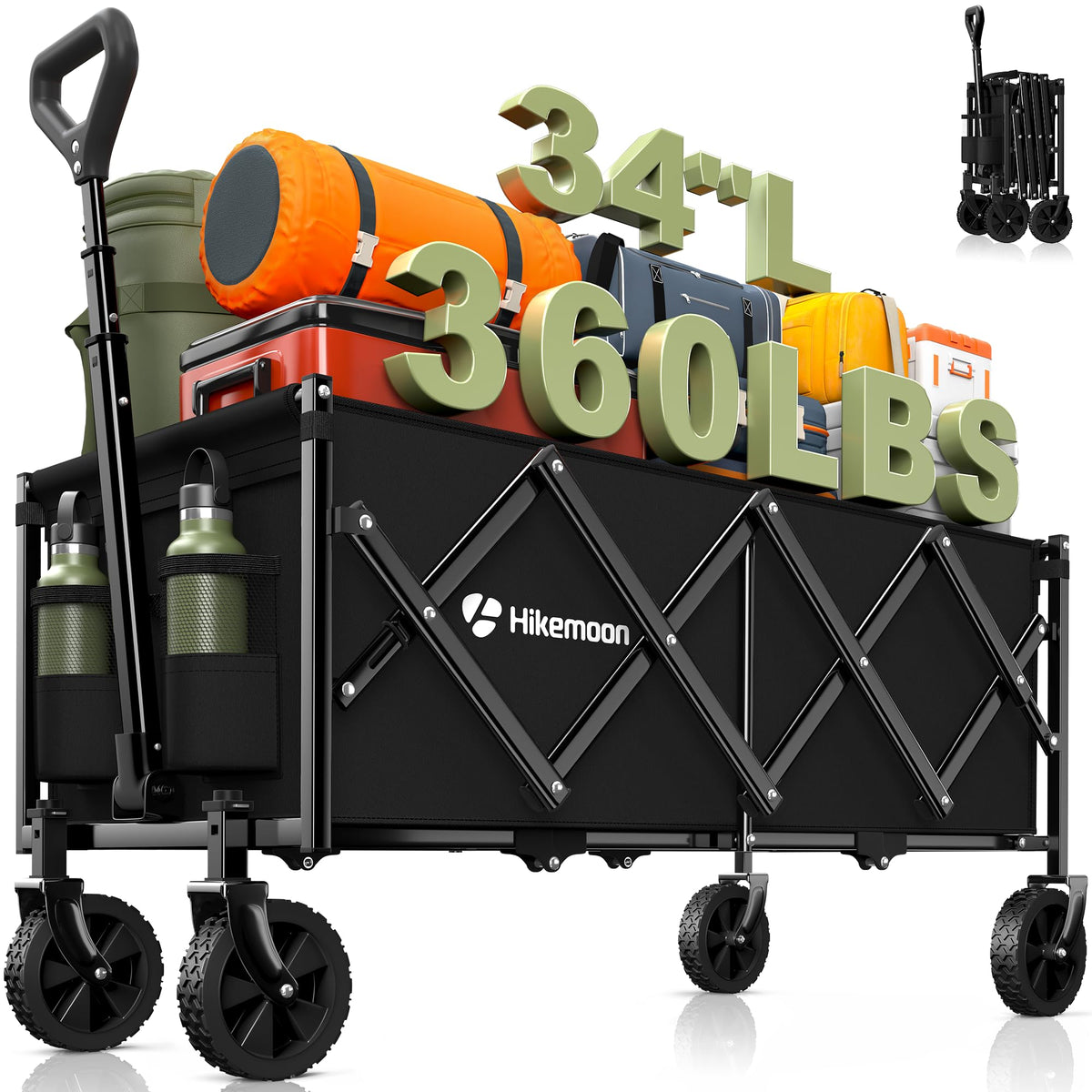 Hikemoon 34'' Extra Long Collapsible Wagons Carts Foldable, 360LBS Heavy Duty Folding Beach Wagon Cart with Wheels, Portable Utility Outdoor Wagon for Grocery, Shopping, Garden, Sports, Camping, Black
