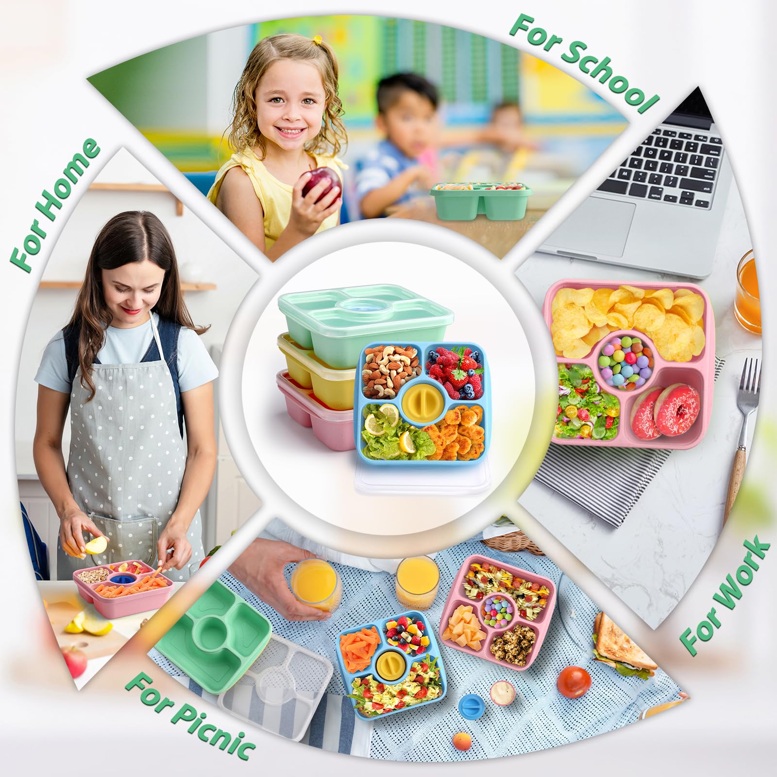 Bento Snack Box Containers for Adults Kids, 4 Pack Lunchable Meal Prep Containers Reusable, Stackable Bento Lunch Box, Food Storage Prep Containers with Lids and 4 Sauce Cups, Pastel Color, Clear Lid