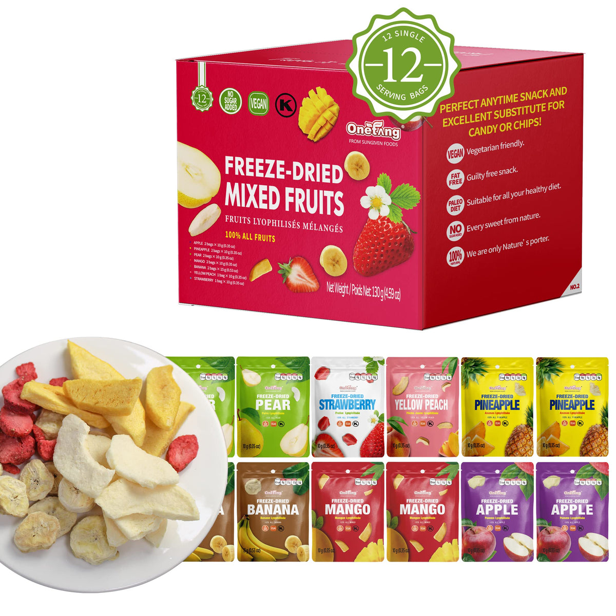 ONETANG Freeze-Dried Mixed Fruit, 12 Pack Single-Serve Pack, Non GMO, Kosher, No Add Sugar, Gluten free, Vegan, Holiday Gifts, Healthy Snack 0.35 Oz