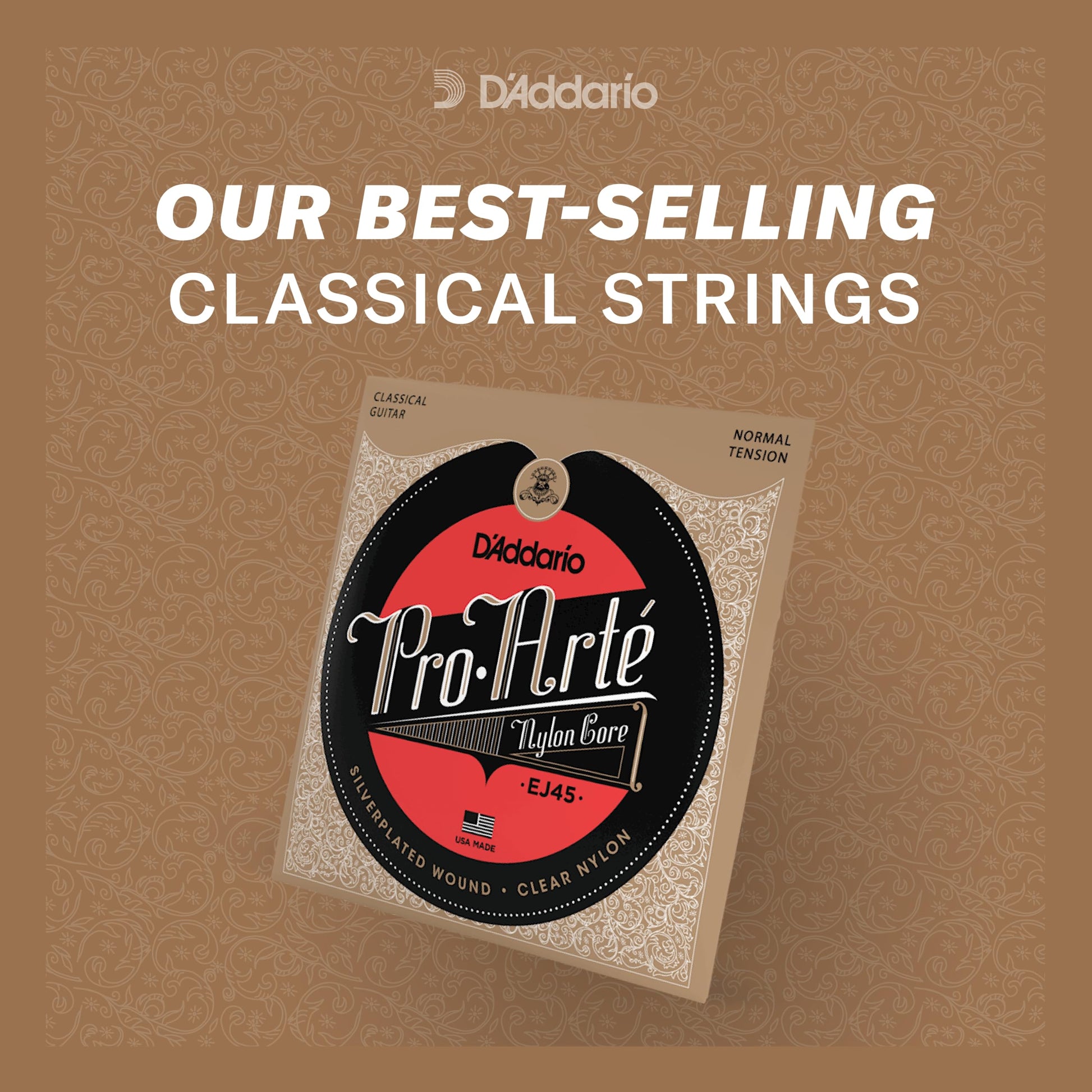 D'Addario Pro Arté Nylon Classical Guitar Strings, EJ45, Normal Tension, 6-String Set, Pack of 1