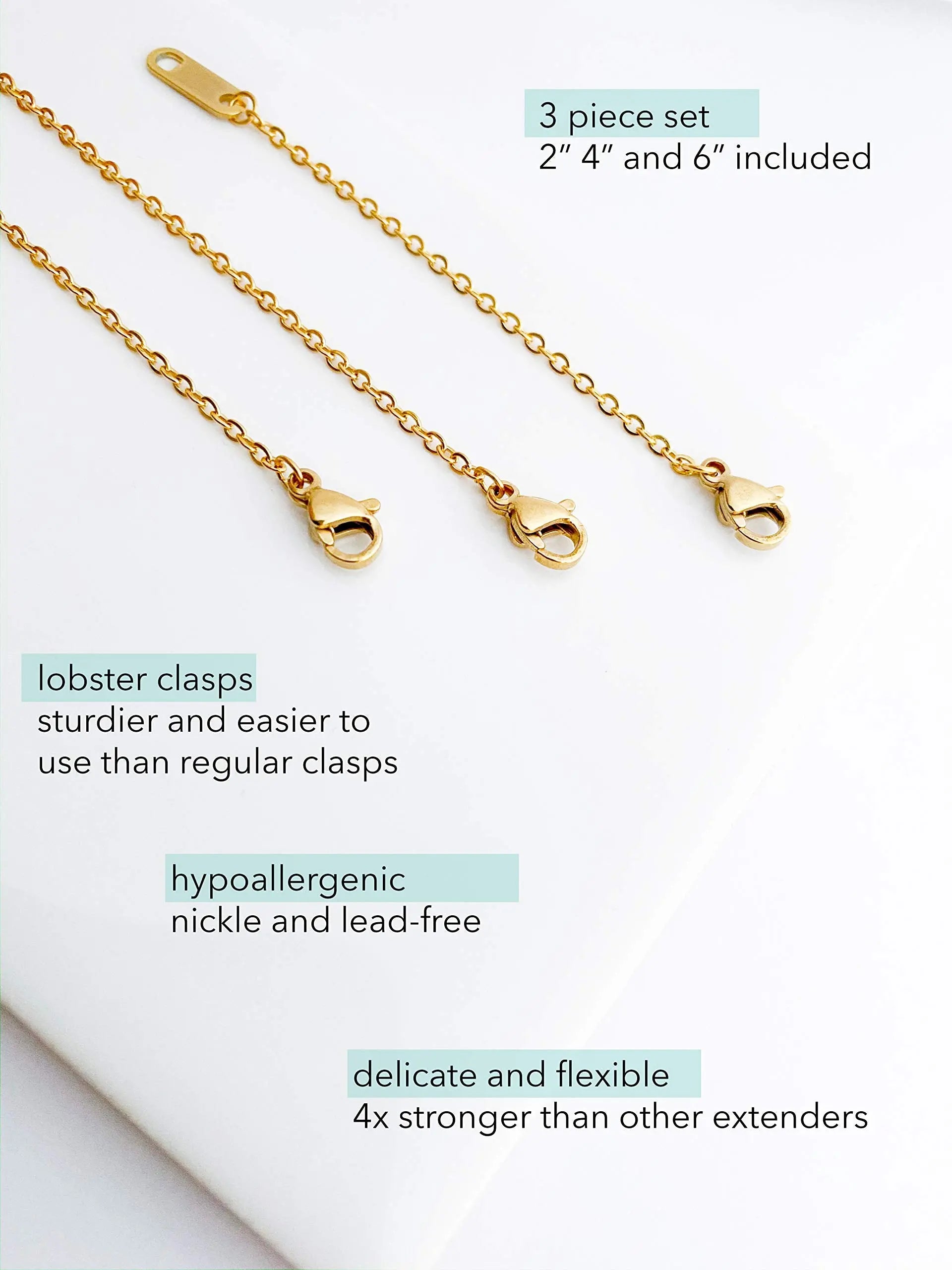 Altitude Boutique 18k Gold Plated Necklace Extenders | Delicate Necklace Extender Chain Set for Women | 3 Piece Set, Hypoallergenic Extensions 2”, 4”, 6” Inches in Gold, Rose Gold, or Silver (Gold)