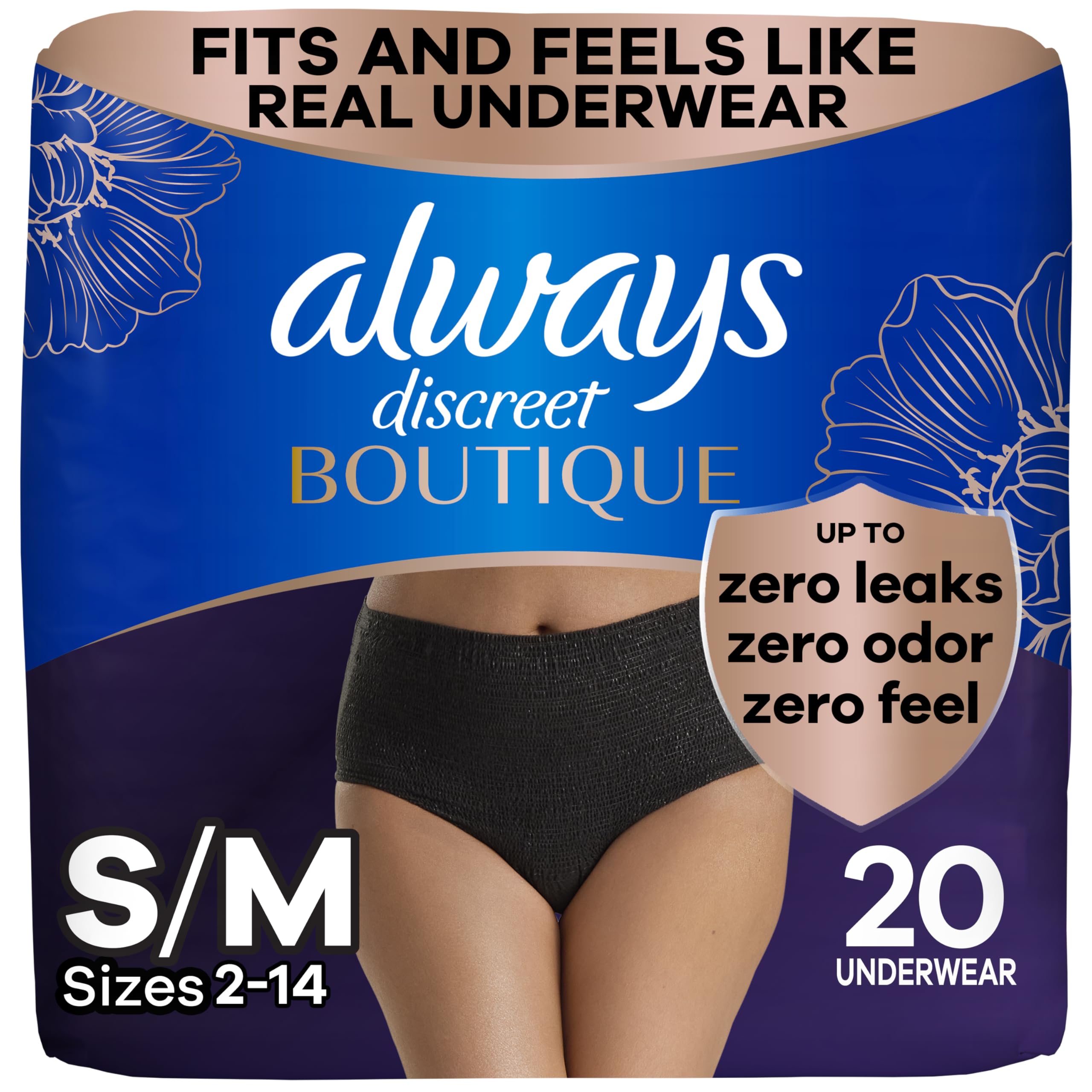 Always Discreet Boutique Incontinence and Postpartum Underwear for Women, Maximum Protection, Small/Medium, Black, 20 Count