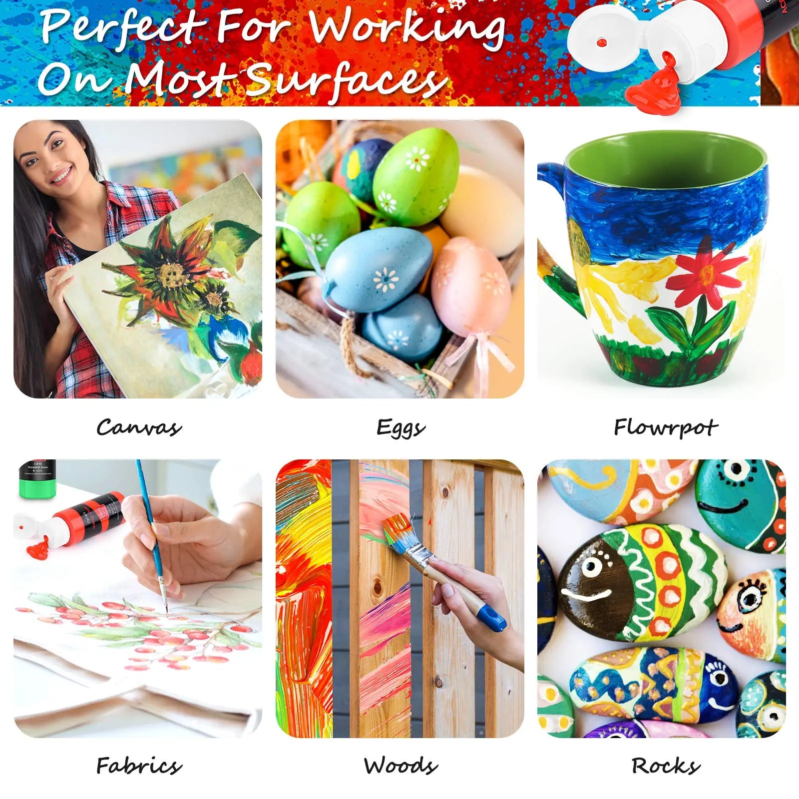 Caliart 24 Colors Acrylic Paint Set with 12 Brushes, Art Craft Paints Gifts Trendy Stuff for Adults Artists Kids Teens, Halloween Pumpkin Canvas Ceramic Rock Eggs Painting Kit Art Supplies