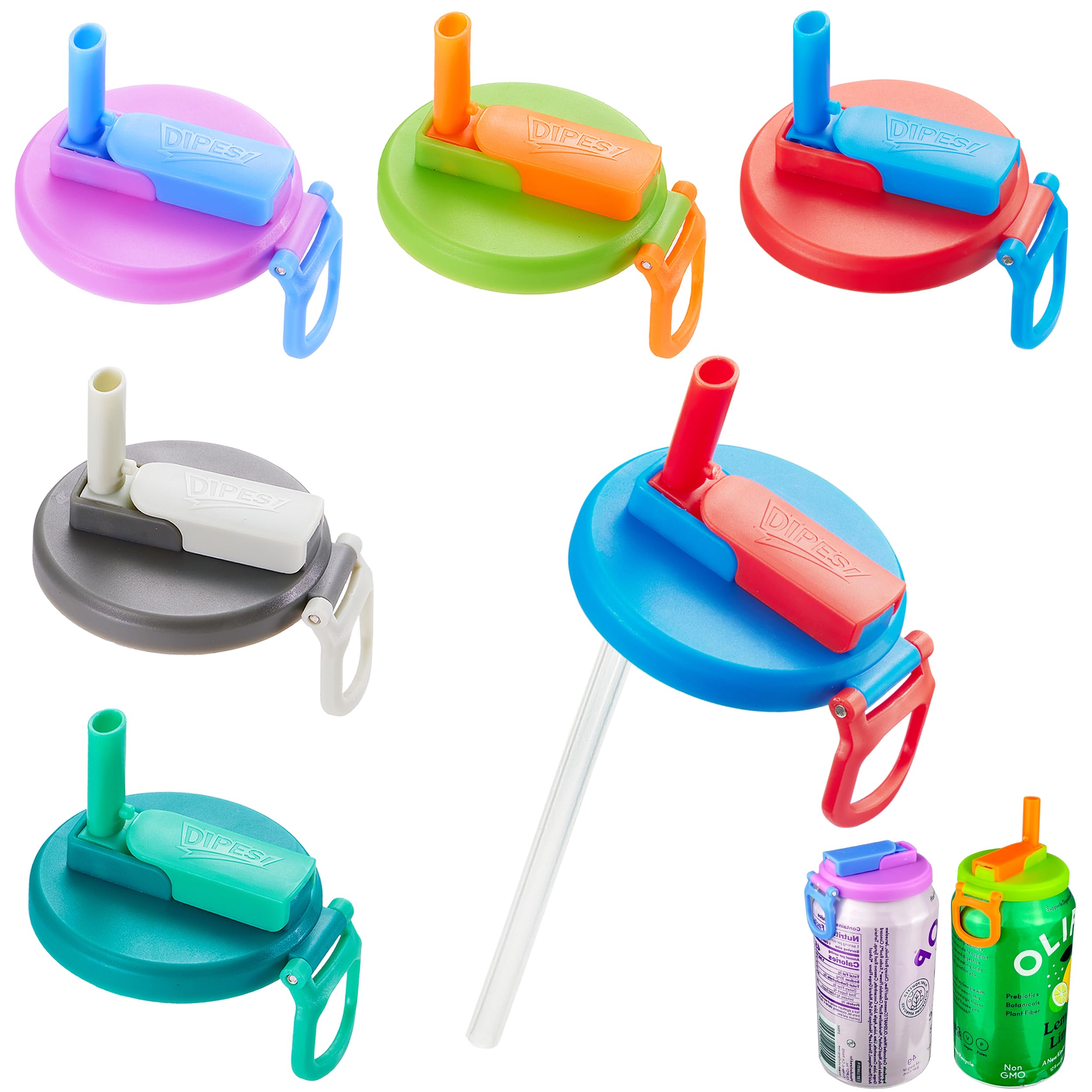 DIPESI 6er-Pack 6-farbige Getränkedosen-Deckel mit Strohhalmen, wiederverwendbare Silikon-Strohhalme für Getränkedosen, BPA-frei, luftdichter Verschluss, einfach zu verwenden, verhindert Verschütten, passend für Standarddosen.
