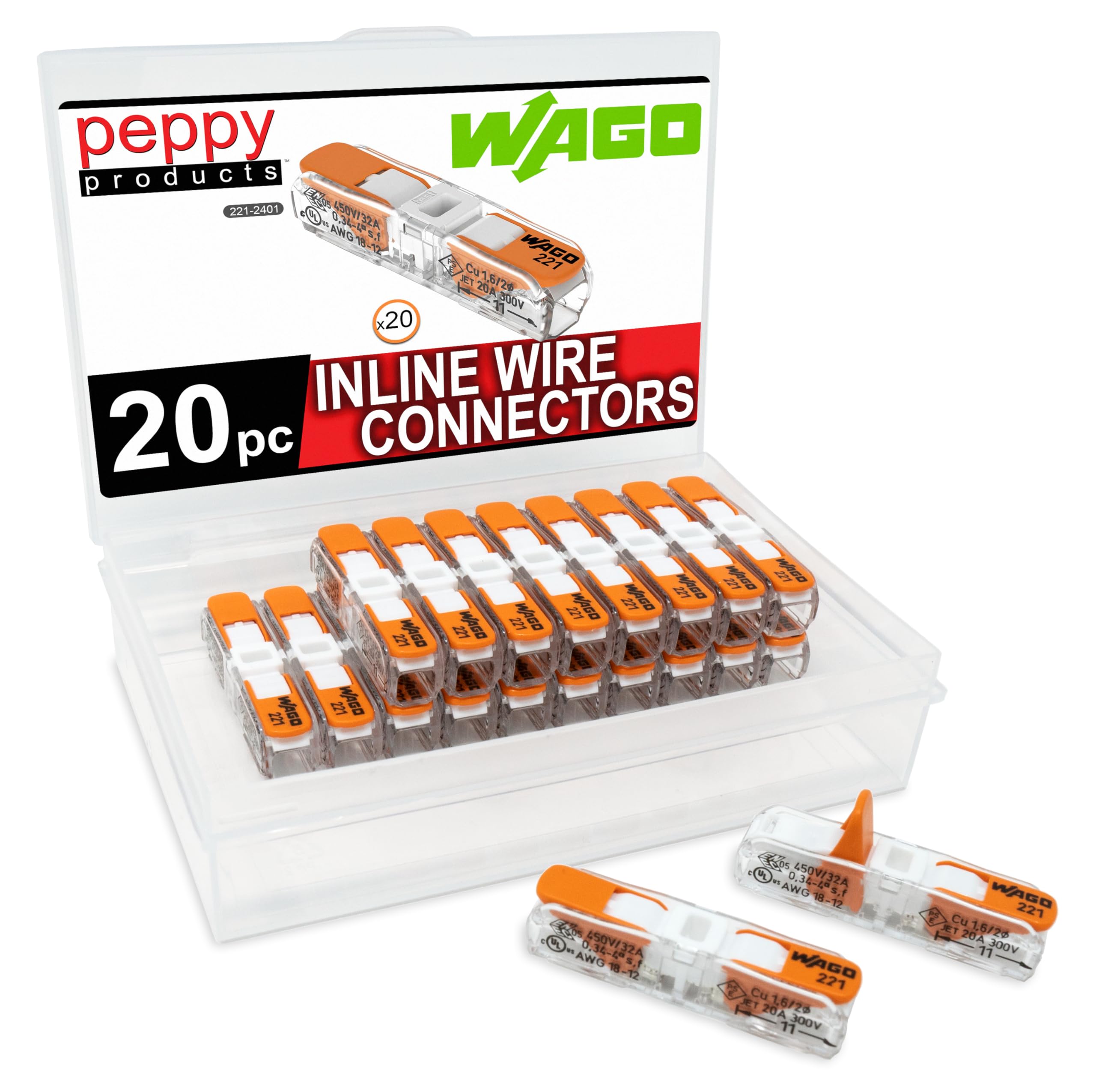 WAGO 221-2401 Verbindungsklemmen mit Betätigungshebel, Inline-Drahtverbinder im Set mit Box | 20 St.