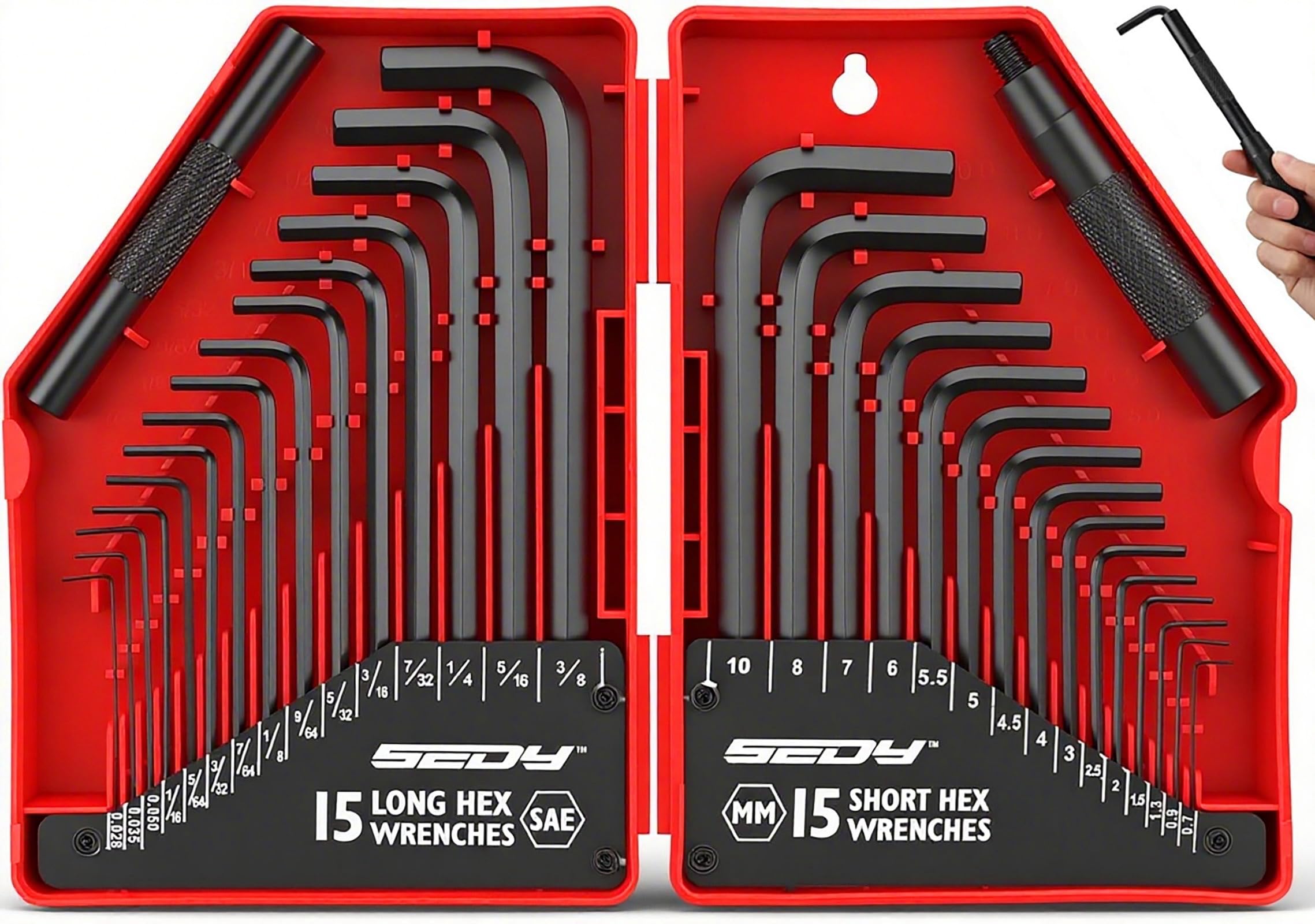 SEDY 32-teiliger Inbusschlüsselsatz, metrische und SAE-Inbusschlüssel (0,028-3/8 Zoll, 0,7-10 mm) L-förmige Inbusschlüssel, Chrom-Vanadium-Stahl mit 2x Verlängerungsgriff