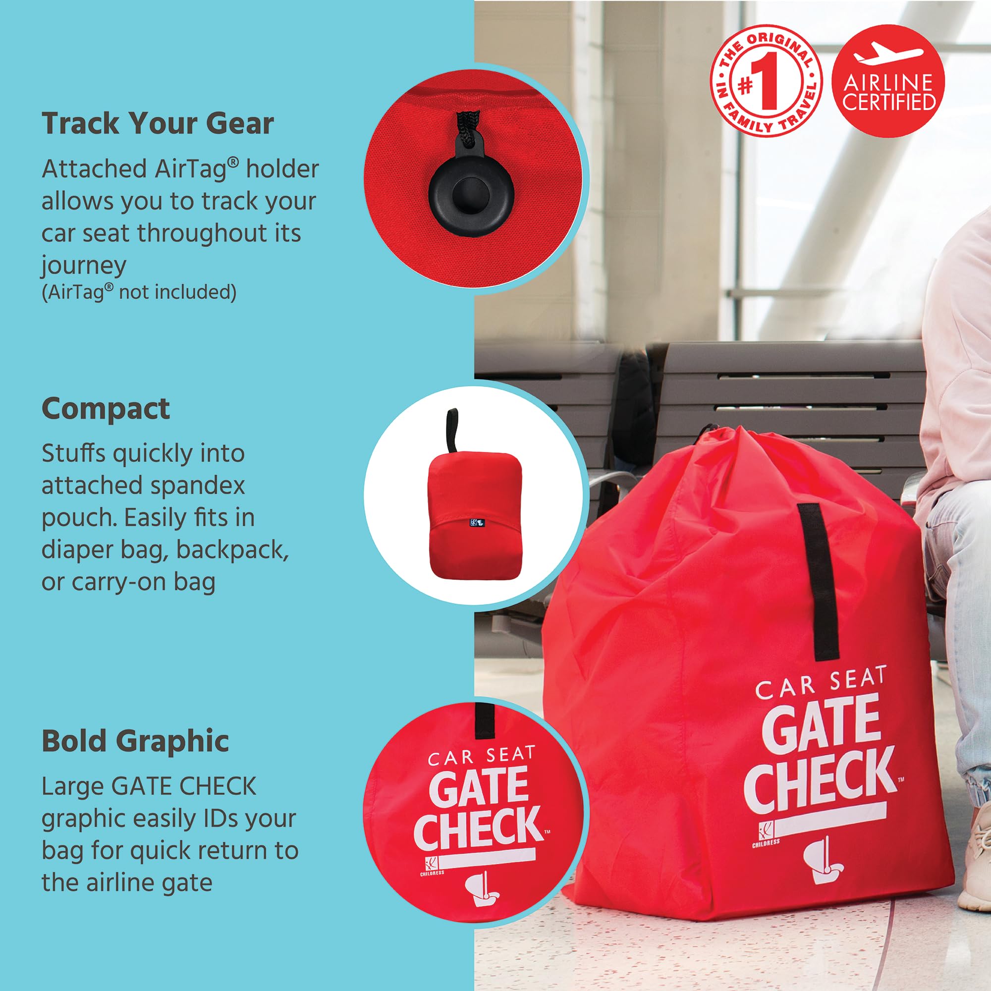 J.L. Childress Gate Check Bag for Car Seats - Travel Bag for Airplane, Fits All Baby & Infant Car Seats, Airport Accessories for Gate Check, Flying Essentials, AirTag Compatible - Red