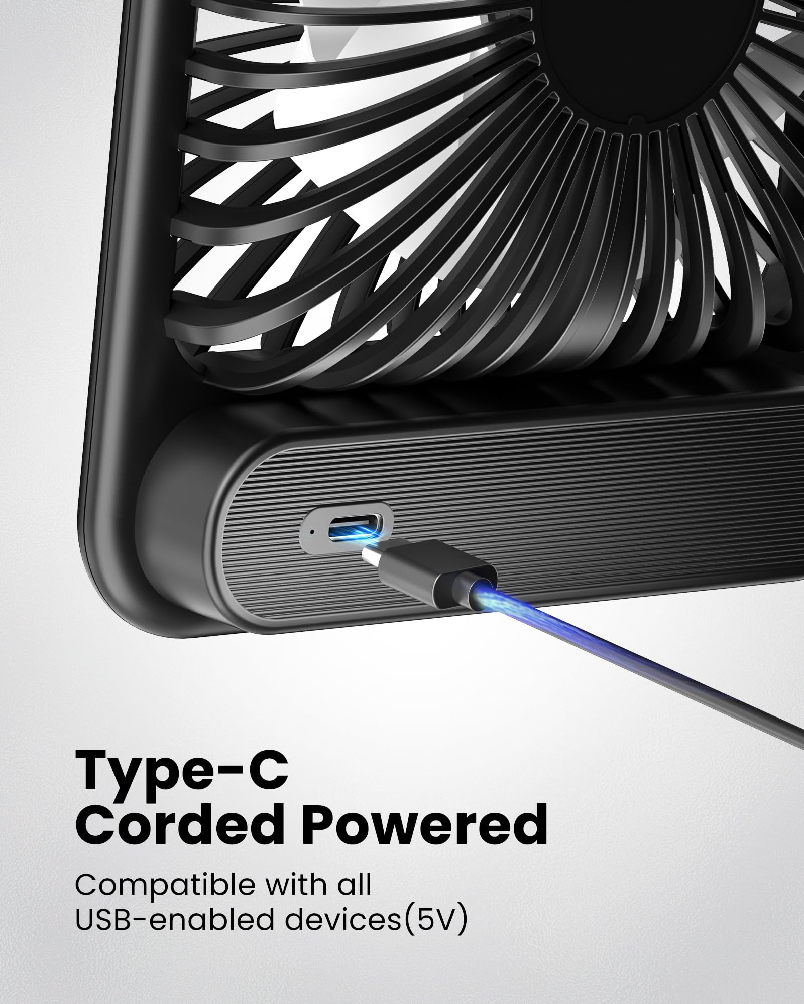 Koonie USB Desk Fan, Strong Wind Ultra Quiet Small Personal Fan with 180° Tilt Folding and 3 Speeds Adjustable, USB-C Corded Powered Mini USB Fan for Office Desktop Bedroom, NO BATTERY