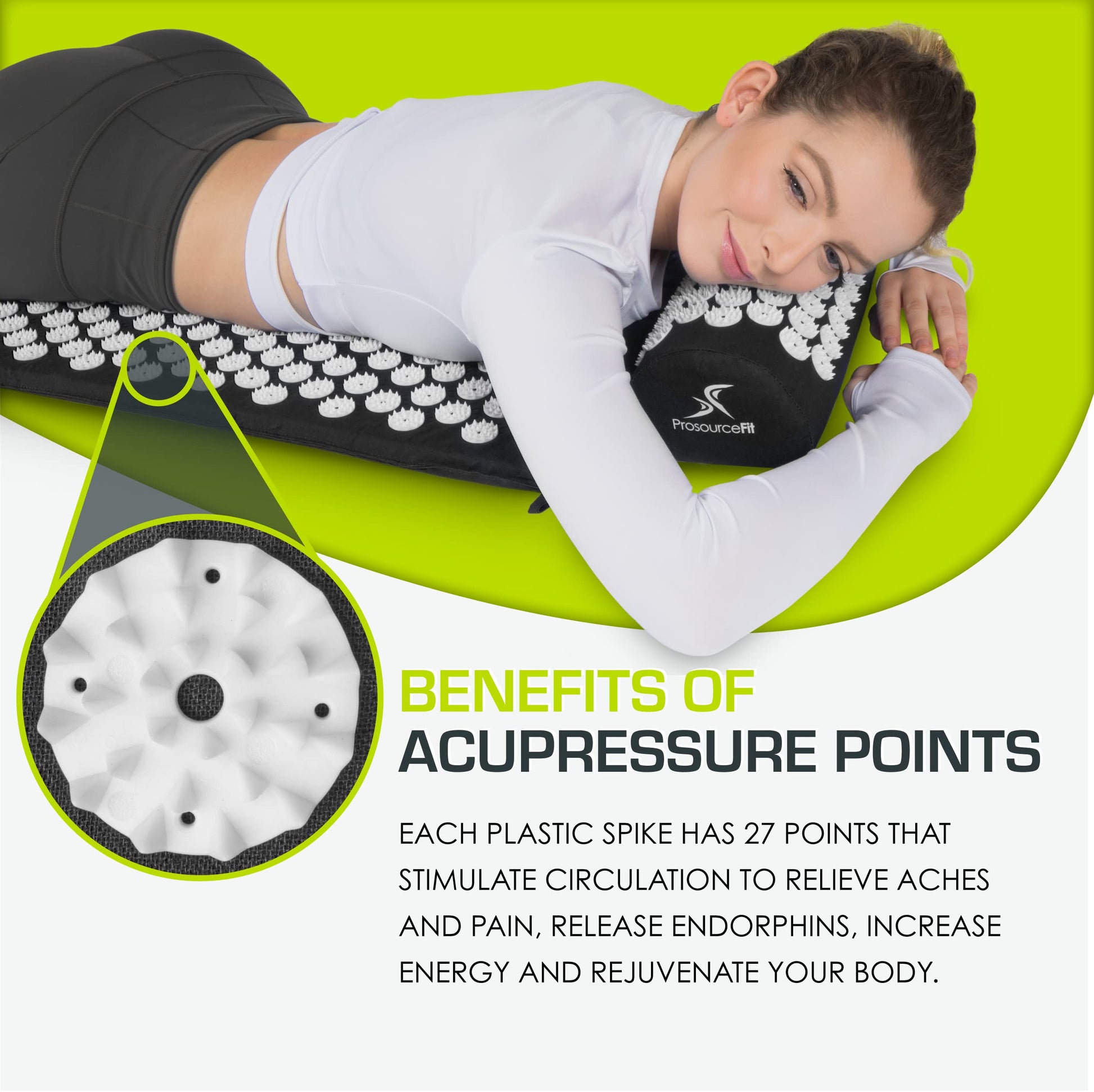 ProsourceFit Acupressure Mat and Pillow Set for Back/Neck Pain Relief and Muscle Relaxation, Black