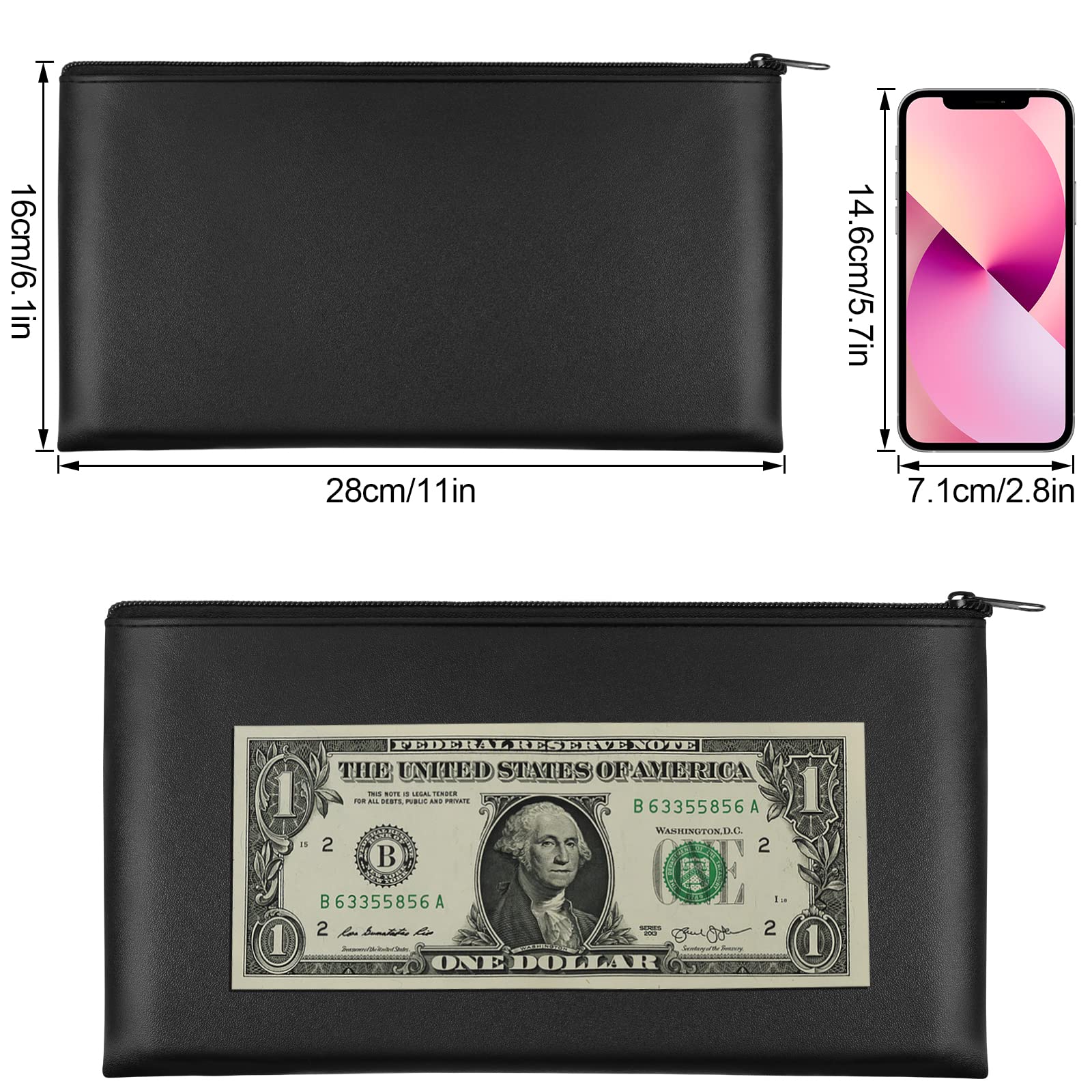2 Pieces Money Bags with Zipper, 11x6.1 inch Money Pouch, Bank Bag, Cash Bag, Check Wallet, Cosmetics