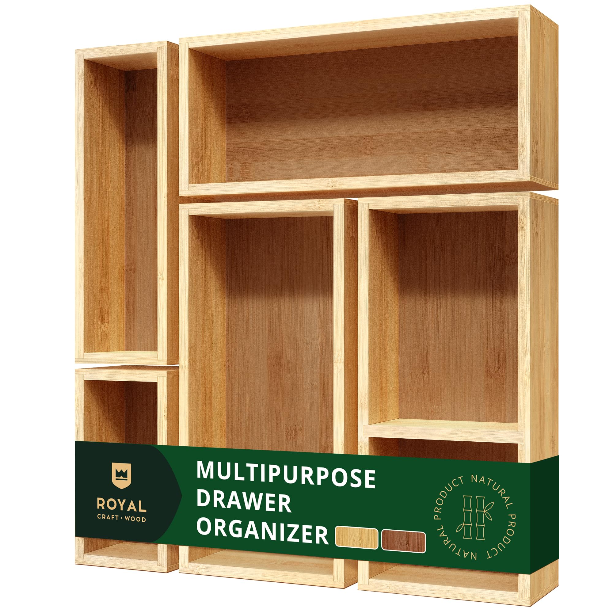 ROYAL CRAFT WOOD 5-Piece Bamboo Drawer Organizer Set - Multi-Use Storage Trays for Kitchen, Bathroom, Office, Makeup, Jewelry & More - Junk Drawer Tray, Utensil Holder, Storage Box & Bin Set (5 Boxes)