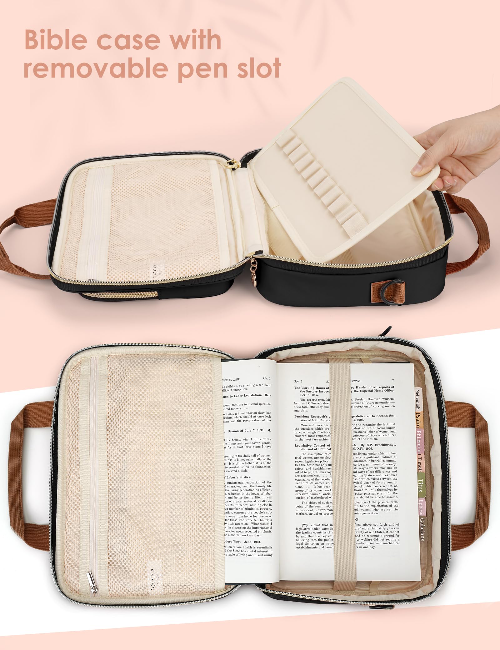 Heouvo Bible Cover Case for Women, Large Bible Bag Carrying Case with Shoulder Strap, Bible Study Supplies Bible Journaling Kit Book Carrying Case with Bible Highlighters Tabs Gift for Lady (Black)