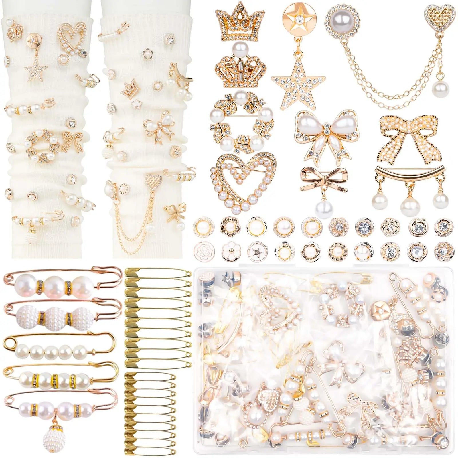 DoDoBeads 60 Pcs Junk Socks Charms Kit, Gold Brooches and Pins for Women, Pearl and Rhinestone Sock Charms with Safety Pins, DIY Accessories for Decorating and Personalizing Socks