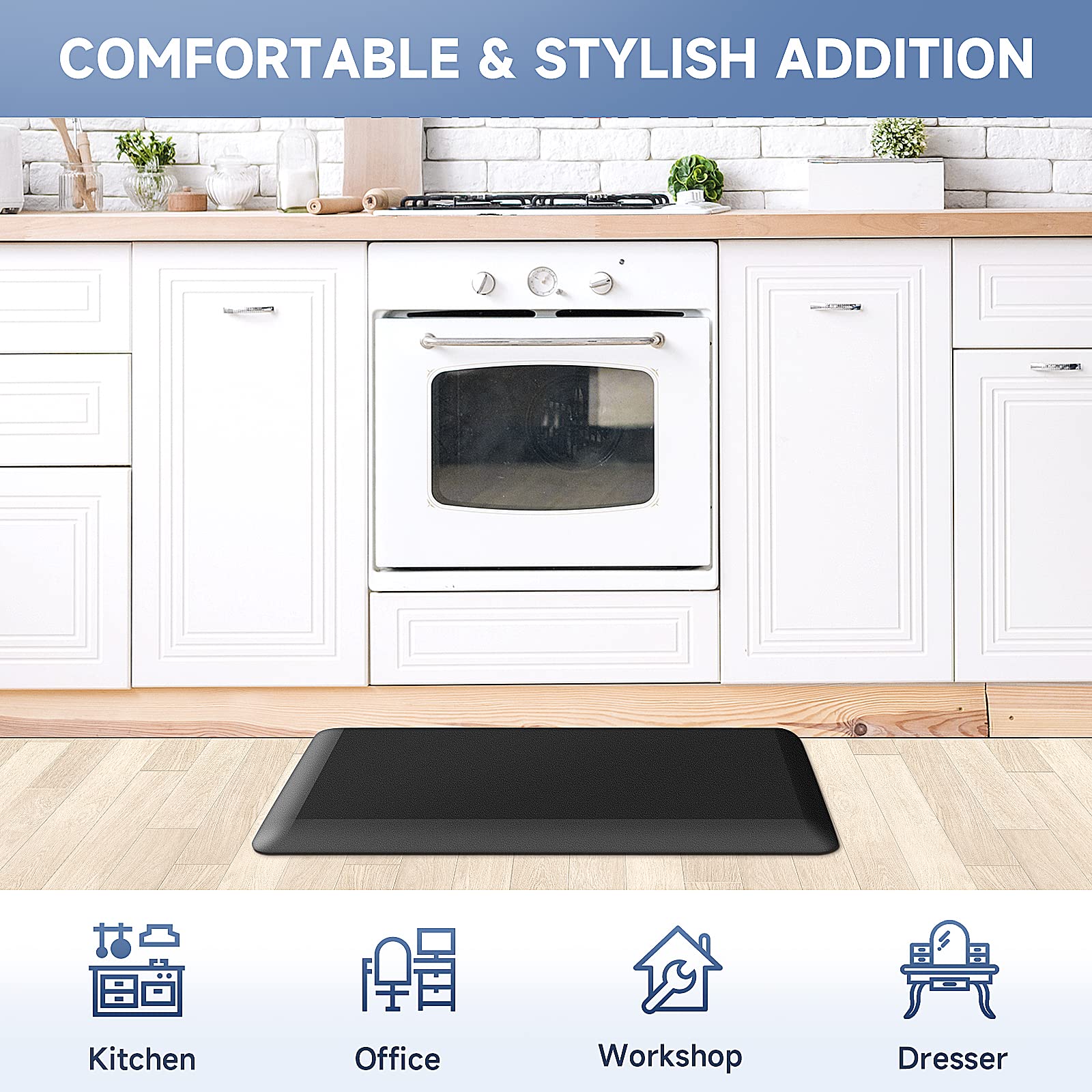4/5 Inch Thick Kitchen Mats for Floor, StepRite Kitchen Rug for Standing Desk, Non-Slip, Thicker, Stain Resistant, Water Resistant, Comfort Anti Fatigue Floor Mat for Home, Kitchen, Office - Black