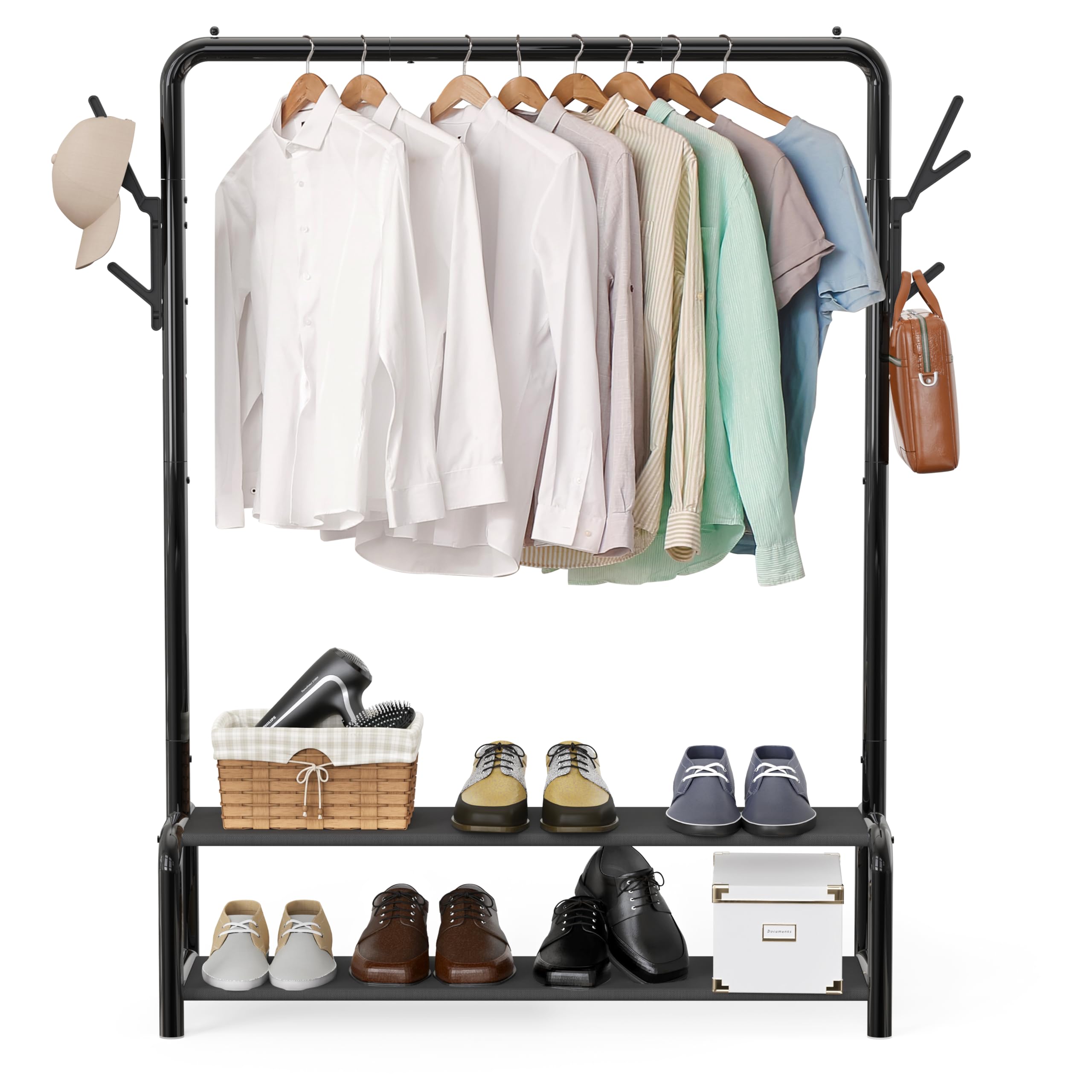 Simple Houseware 52-Inch Freestanding Closet Garment Rack with Storage Shelves and Coat/Hat Hooks, Black