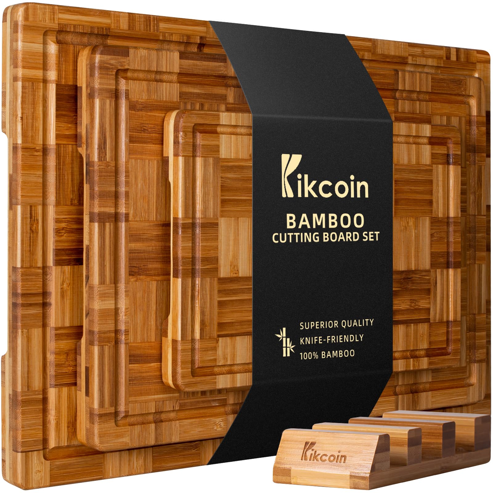 Kikcoin extra große Bambus-Schneidebretter (3er-Set) – Hackbretter mit Saftrille aus Bambusholz, Schneidebrett-Set, Metzgerblock für die Küche, Stirnholz-Serviertablett