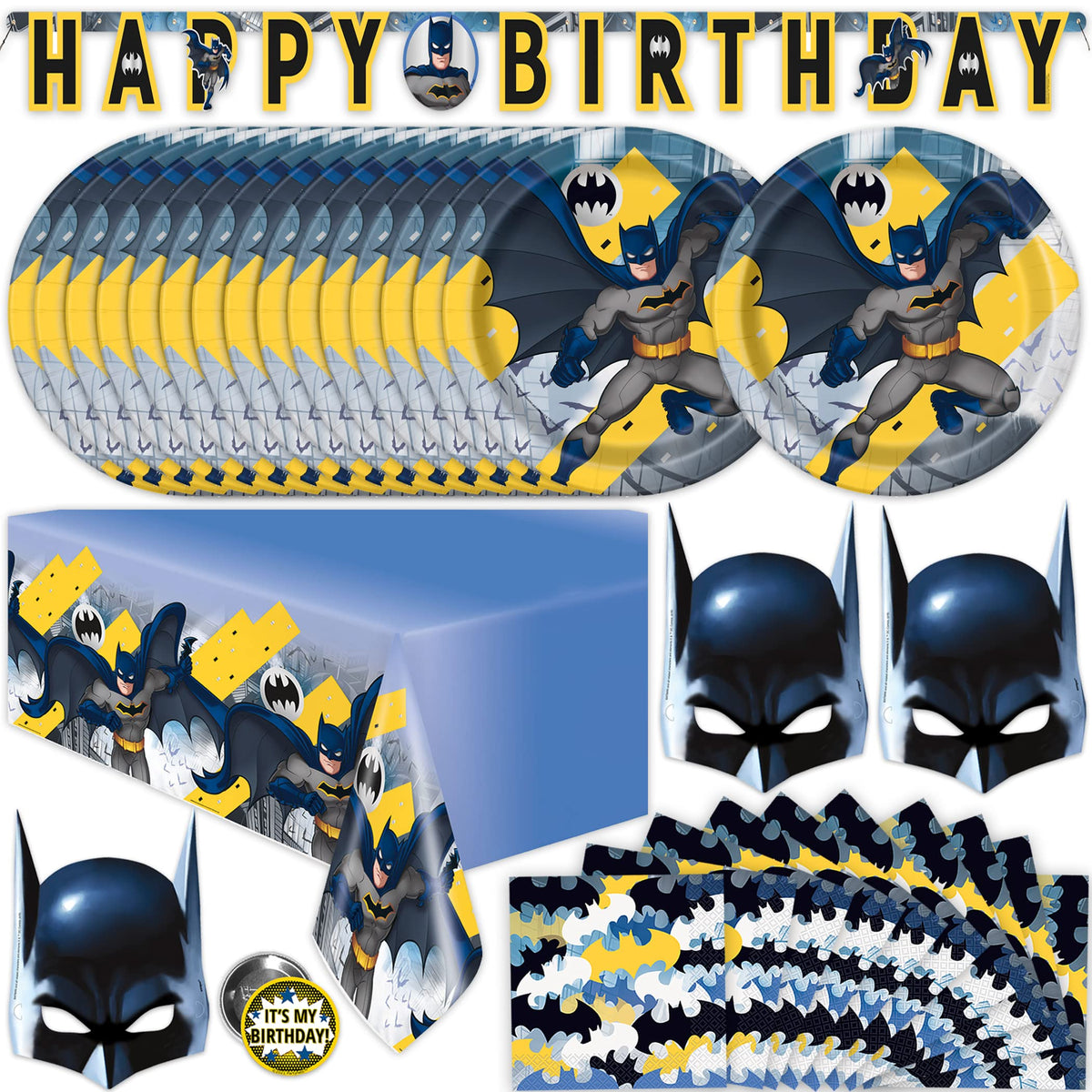 Unique Batman Birthday Party Supplies | Batman Party Decorations | With Banner, Table Cover, Masks, Plates, Napkins, Button | For 16 Guests