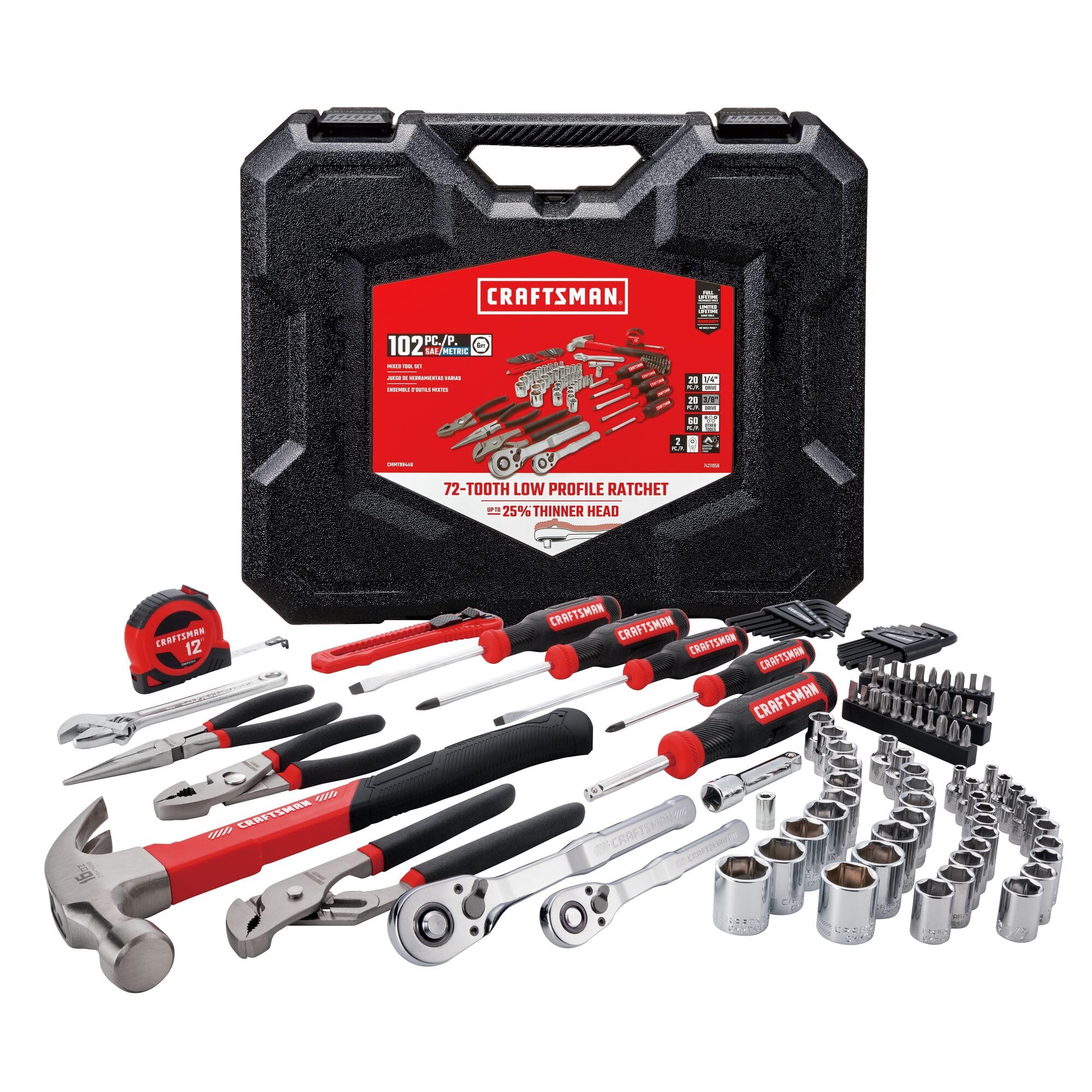 CRAFTSMAN 102-teiliges Werkzeugset für Haus und Auto, langlebiges Handwerkzeugset mit zöllischem und metrischem Steckschlüsselsatz, Schraubendrehern, Schraubenschlüssel, Hammer, Zangen, Messer, Inbusschlüsseln, Spezialbits, Maßband (CMMT99449)